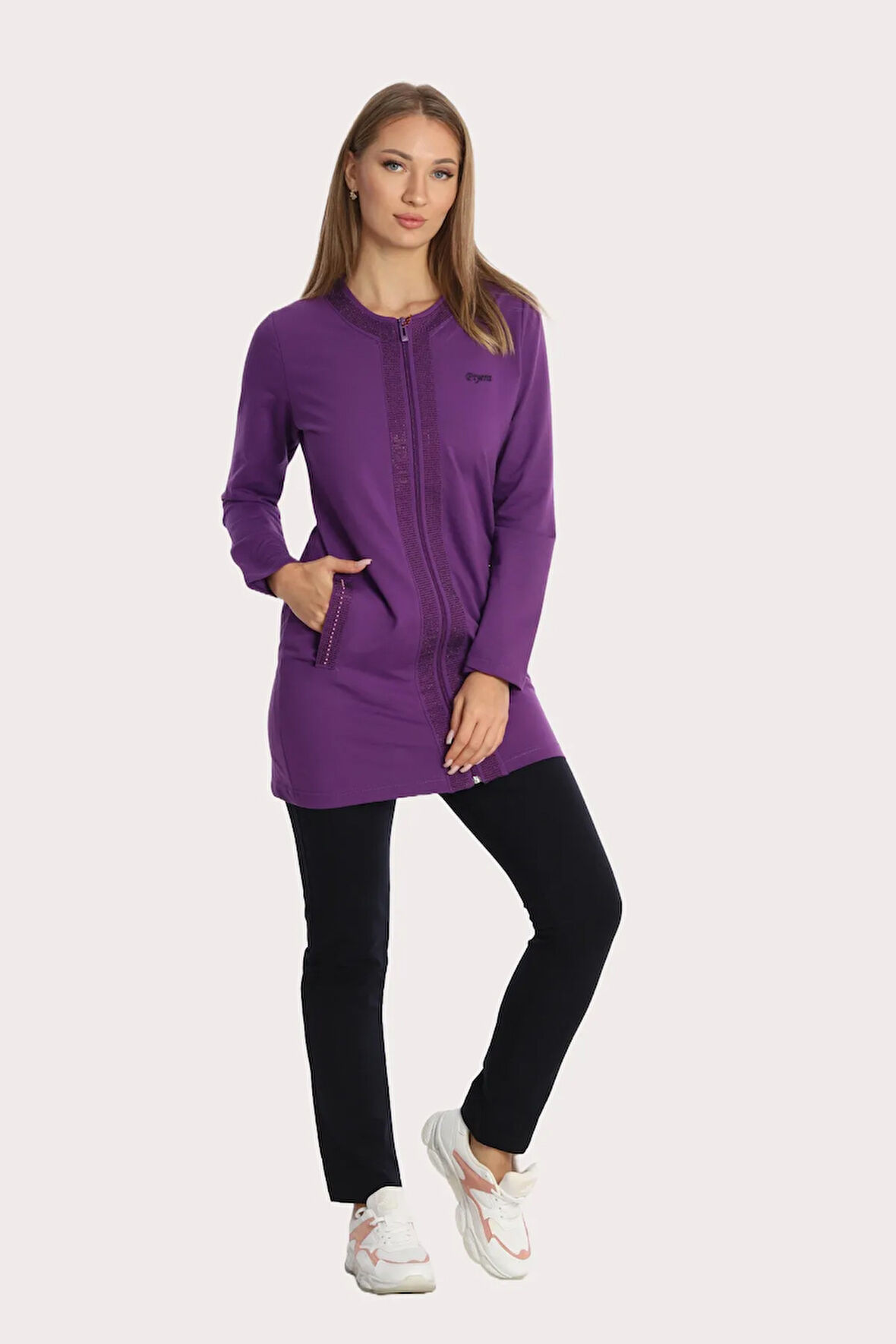 Kadın Mor Iki Iplik Cepli Bisiklet Yaka Taşlı Boncuklu Fermuarlı Tunik Alt-üst Takım - 7461