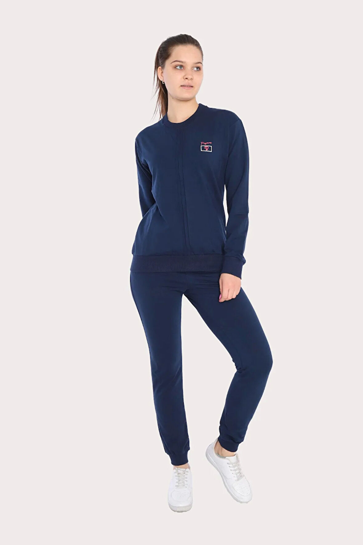 Kadın Sweatshirt Açık Lacivert Iki Iplik Dikiş Detaylı Uzun Kol Lastikli Paça Eşofman Takım - 7643