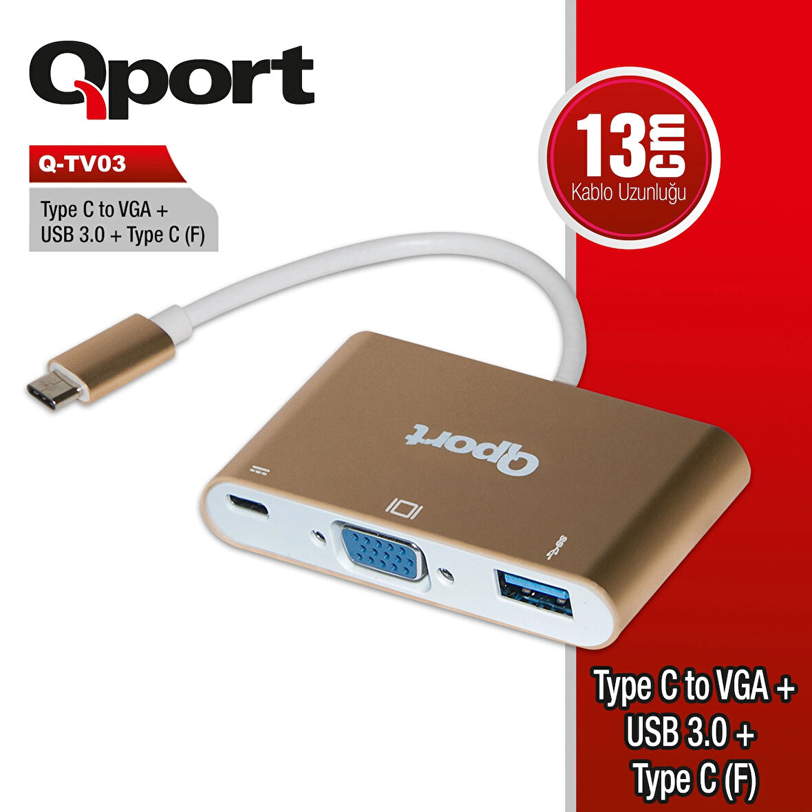 Qport Q-tv03 Tip-c=>vga Çevirici+usb3.0+tip-c(d)