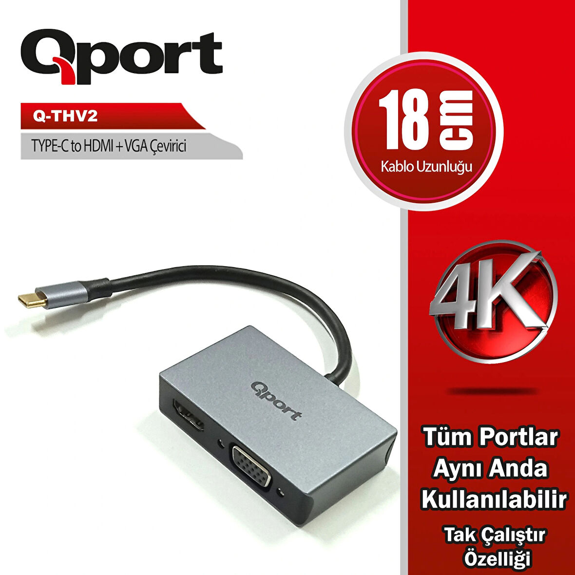 Qport Q-thv2 18cm Tip-c=>hdmı+vga Çevirici