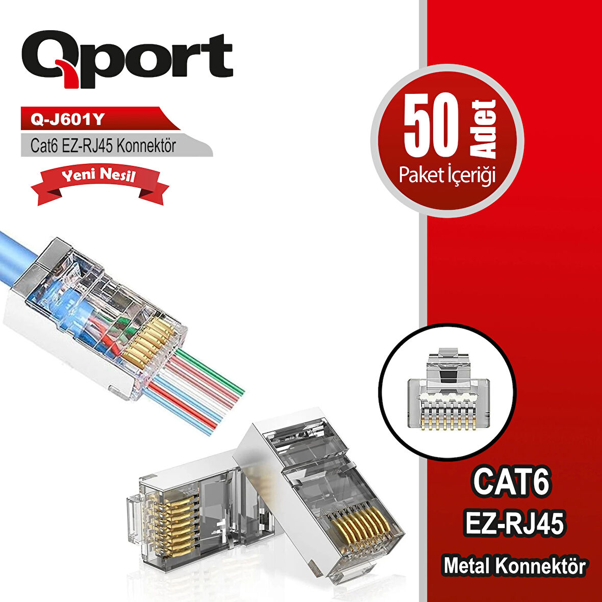 Qport Q-j601y Cat6 50 Lik Paket Ez-rj45 Metal Yeni Nesil Konnektör