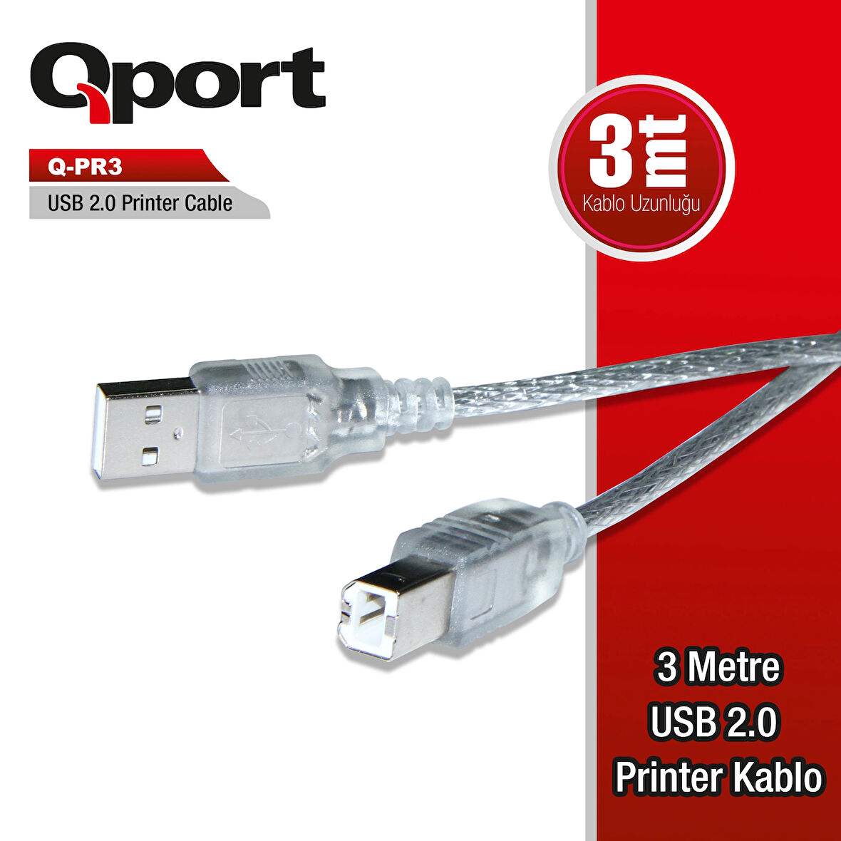 QportQ-pr3 Usb 2.0 3 Metre Printer Kablosu