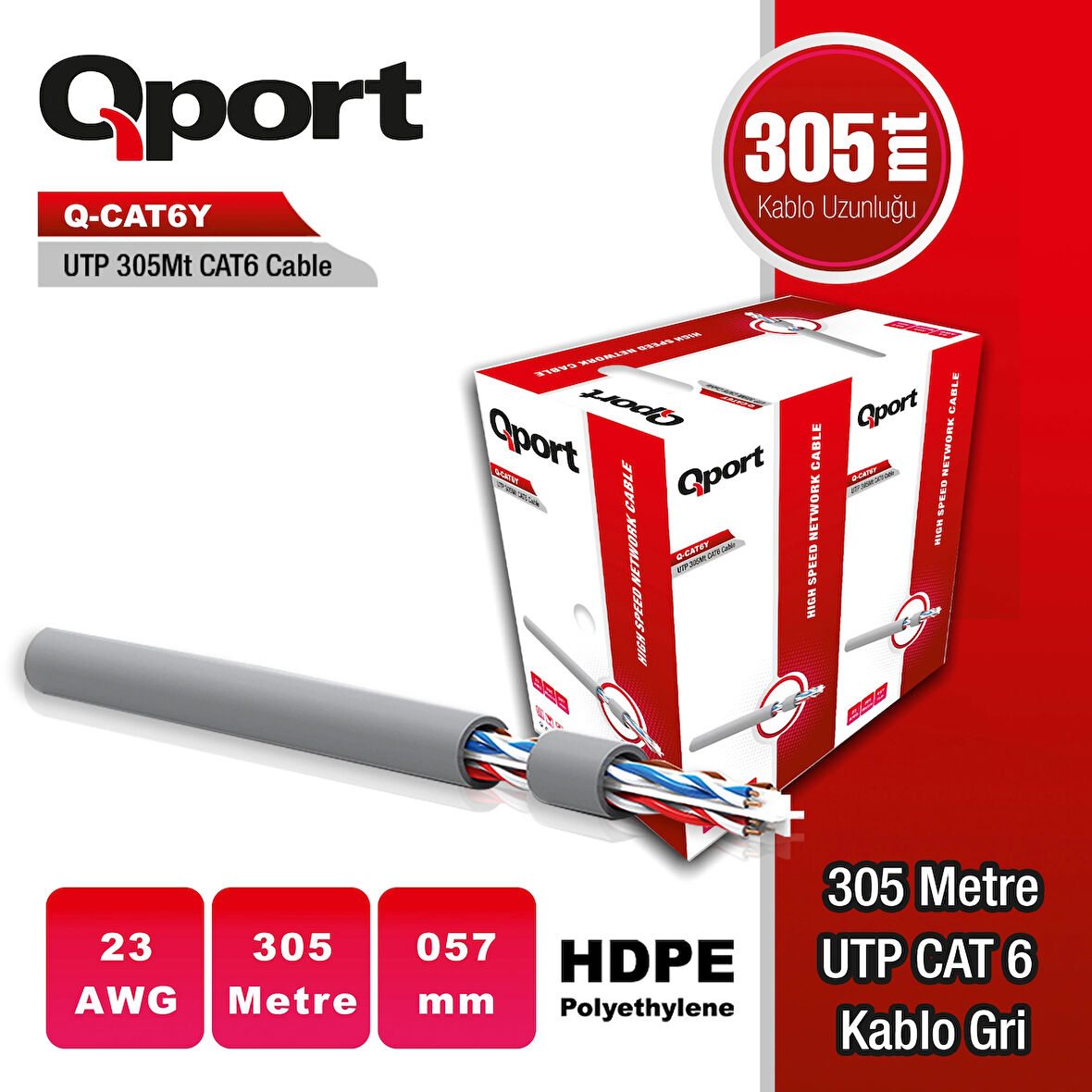 Qport Q-cat6y 305 Metre 23awg Grı Cat6 Utp Pe Kablo