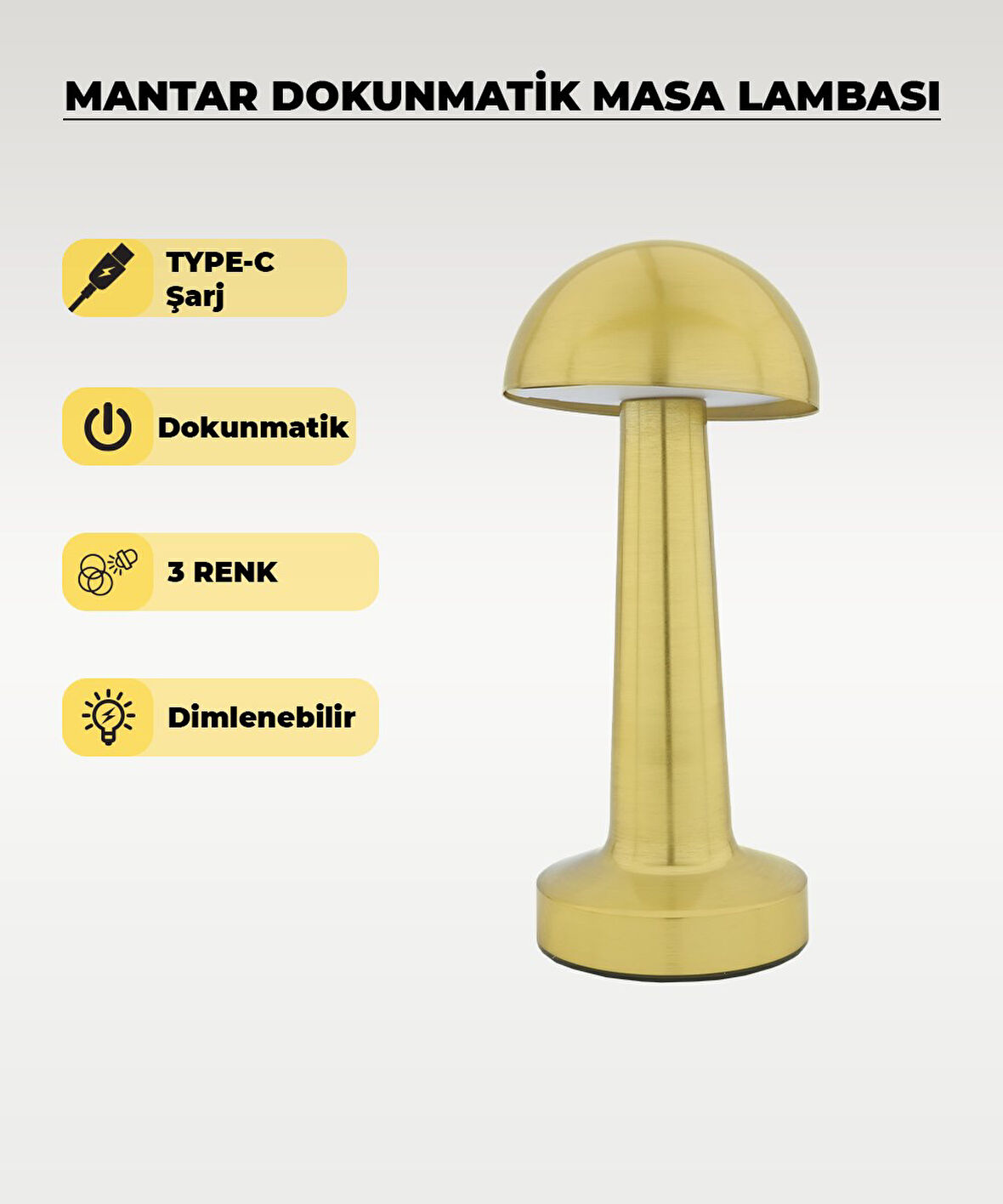 Gold Mantar Masa Lambası - Dokunmatik - 3 Renk Işık