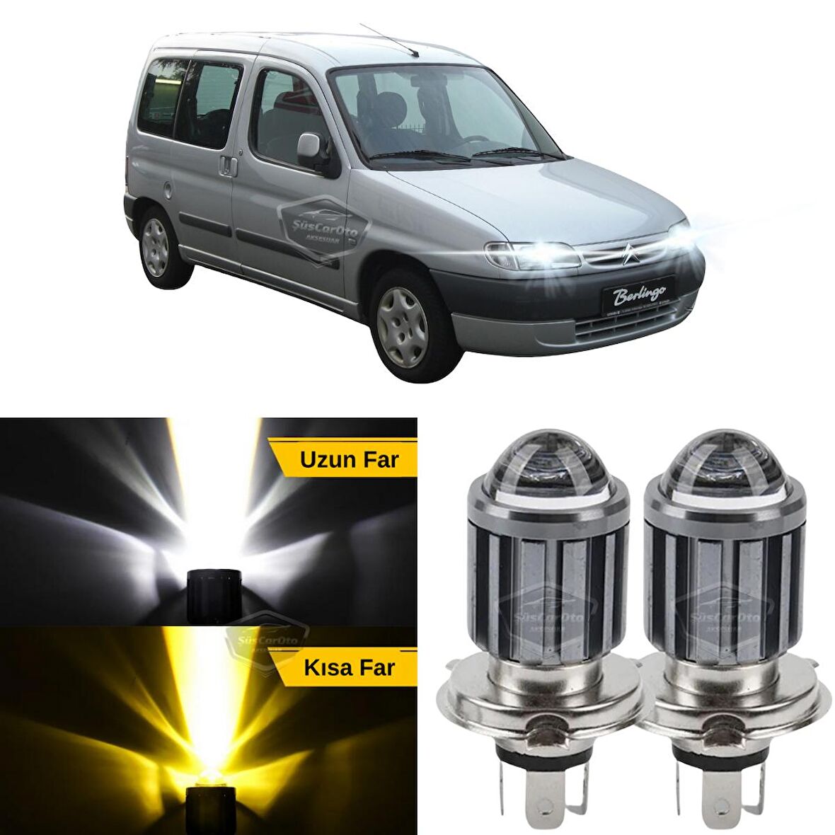 Citroen Berlingo Mk1 1996-2008 Uyumlu Mercekli Far Ampulü Led Xenon Çift Renk Sarı-Beyaz Far Şimşek Etkili CSP Led Lamba Uzun Kısa 2 Adet Takım
