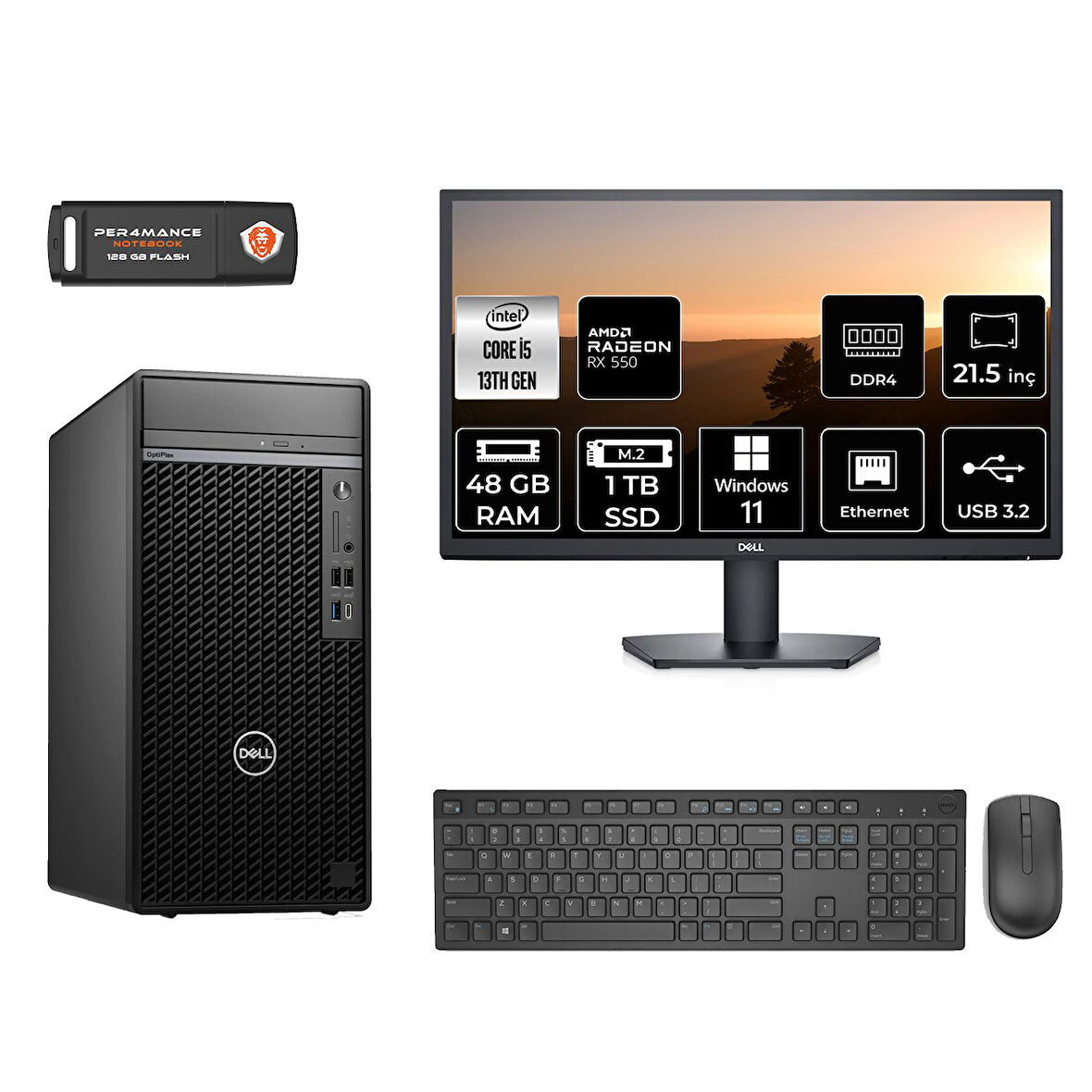 DELL OPTILEX 7010 MNO7010D243 i5 13500 48GB RAM 1TB SSD RX550 4GB 21.5" W11H MASAÜSTÜ PC