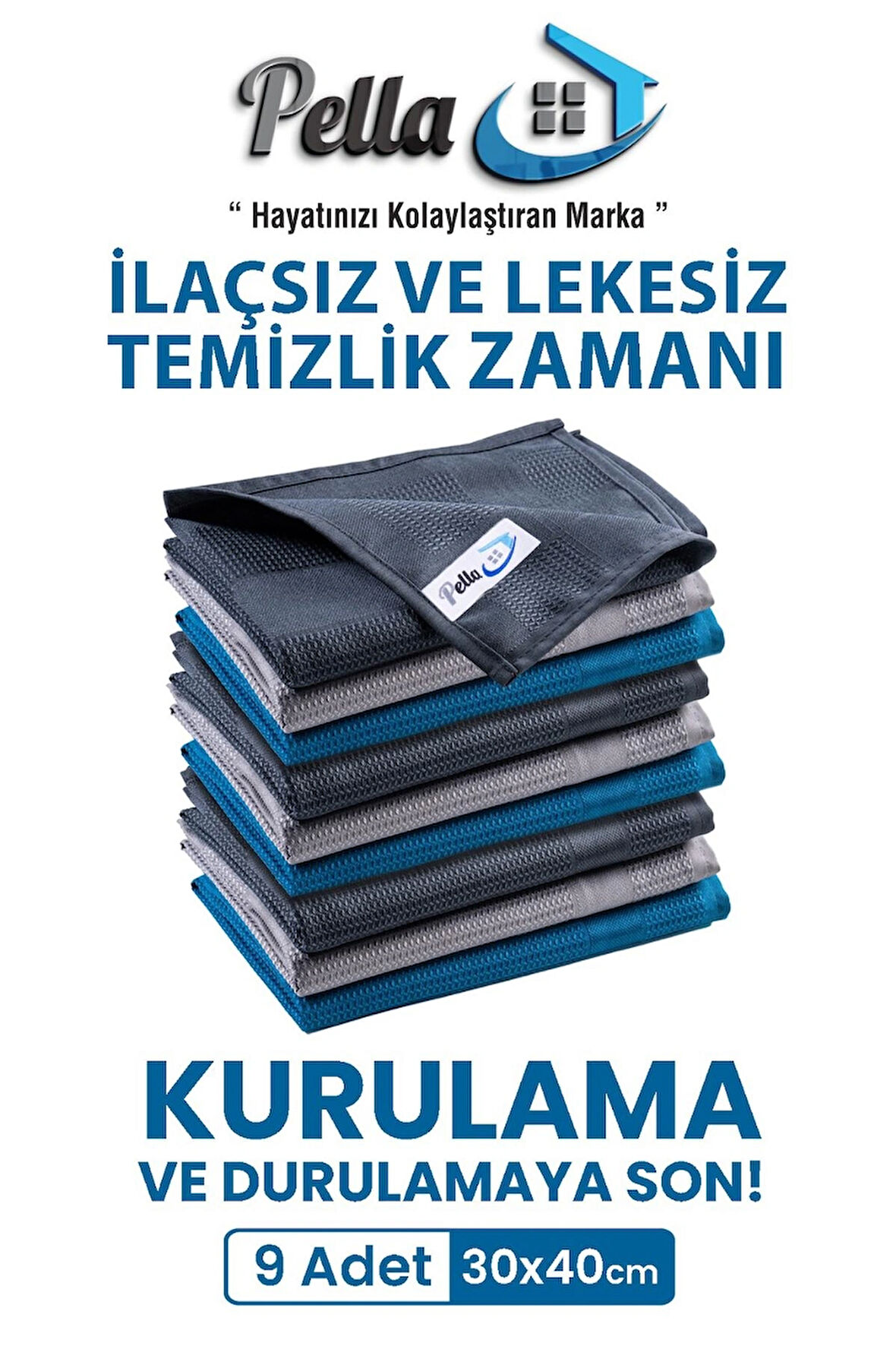 9'Lu Mikrofiber Temizlik Bezi, Cam, Araba Silme Bezi, Mutfak, Fiber Temizleme Bezi, 40x30 Cm