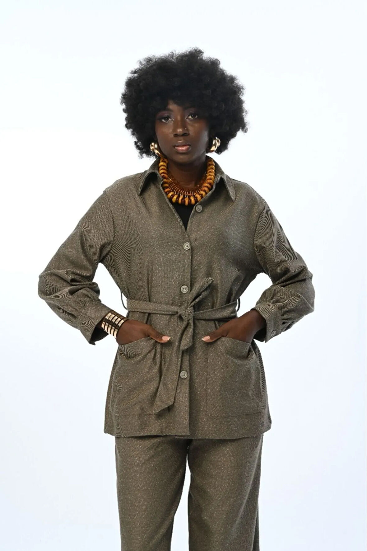 KADIN ÇİFT CEPLİ SİMLİ KUŞAKLI GÖMLEK