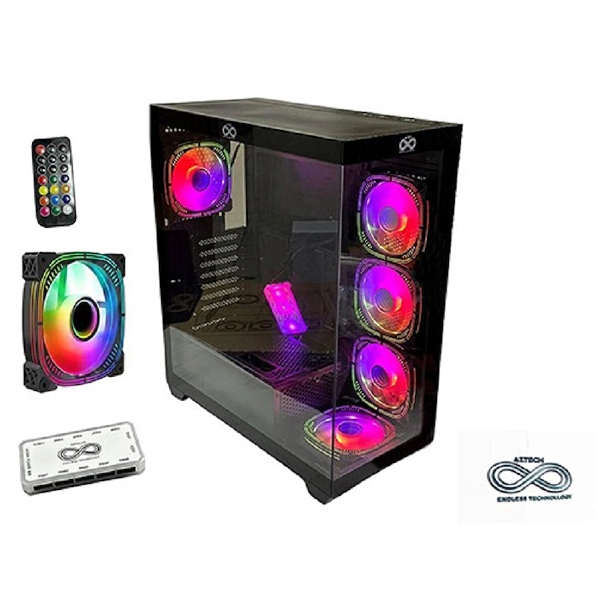 AZTECH AZT101 B 5 x RGB Fan Uzakdan Kumanda Siyah Akvaryum Gamin Kasa Temper Cam , RGB Switch      	