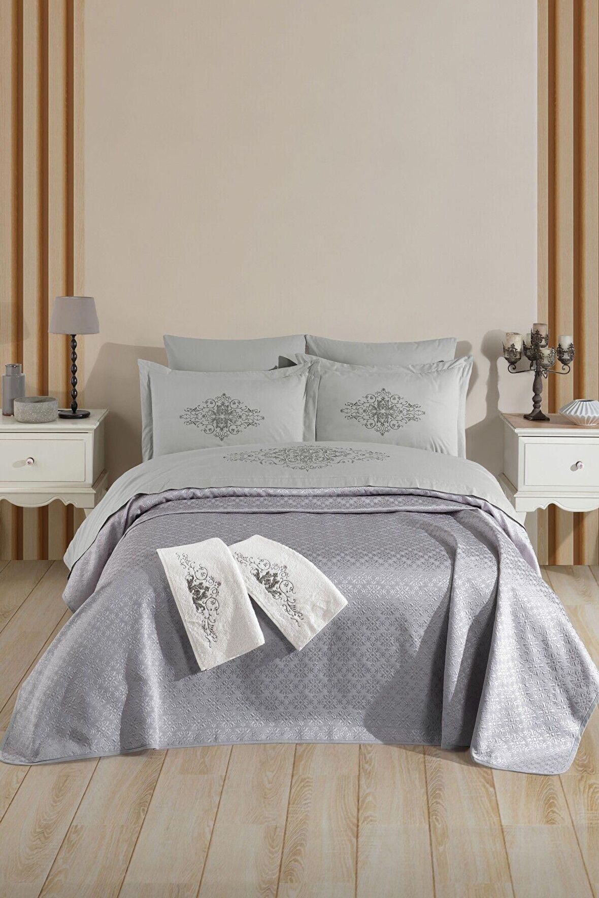 Sevim Tivoli 8 Parça Evlilik Seti Pike Takımı Havlulu-Nakışlı Çift Kişilik Gelin Seti-Diana-Gri