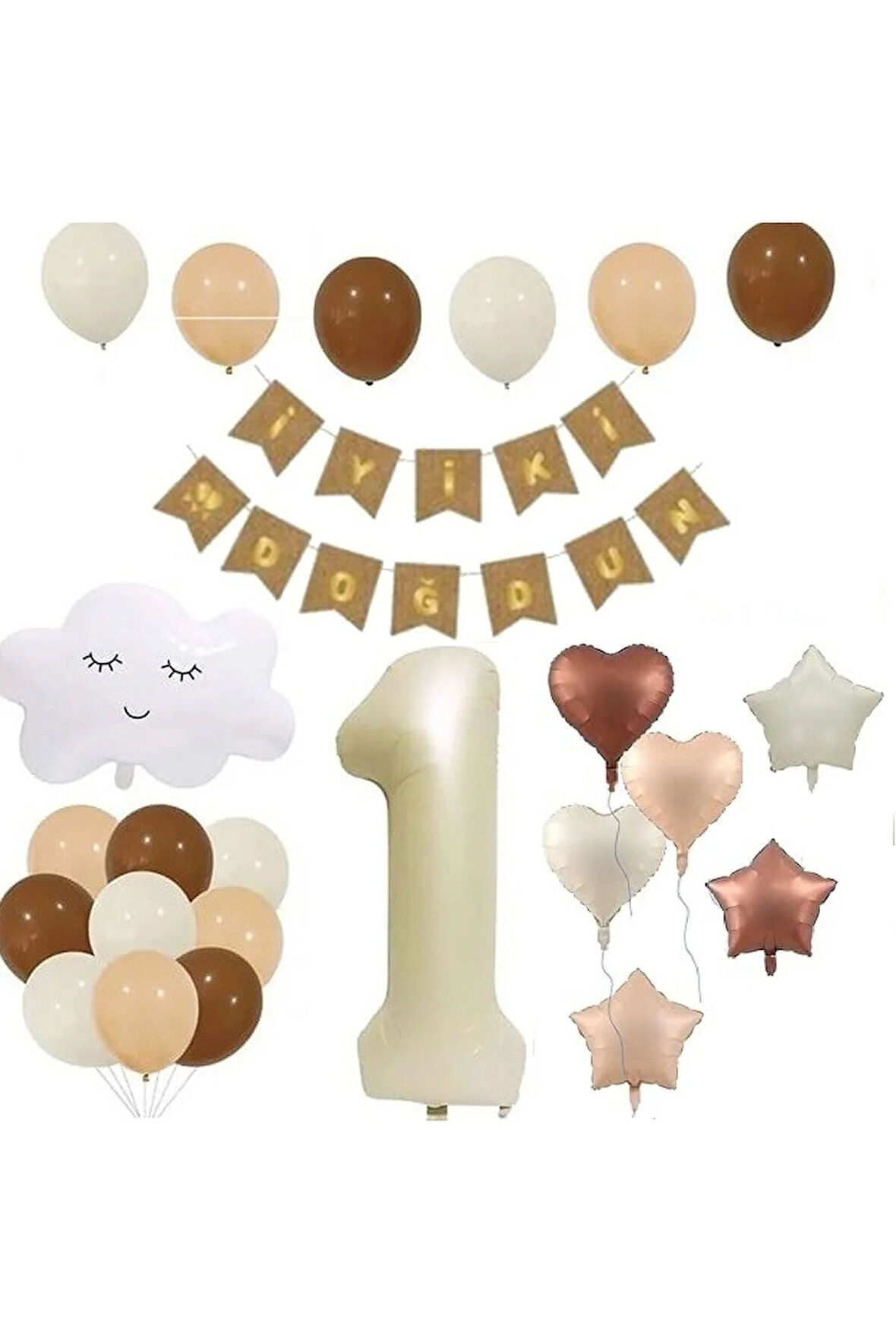 1 Yaş Retro Doğum Günü Seti; Krem Rakam Folyo, Banner, Kalp Folyo ve Lateks Balon