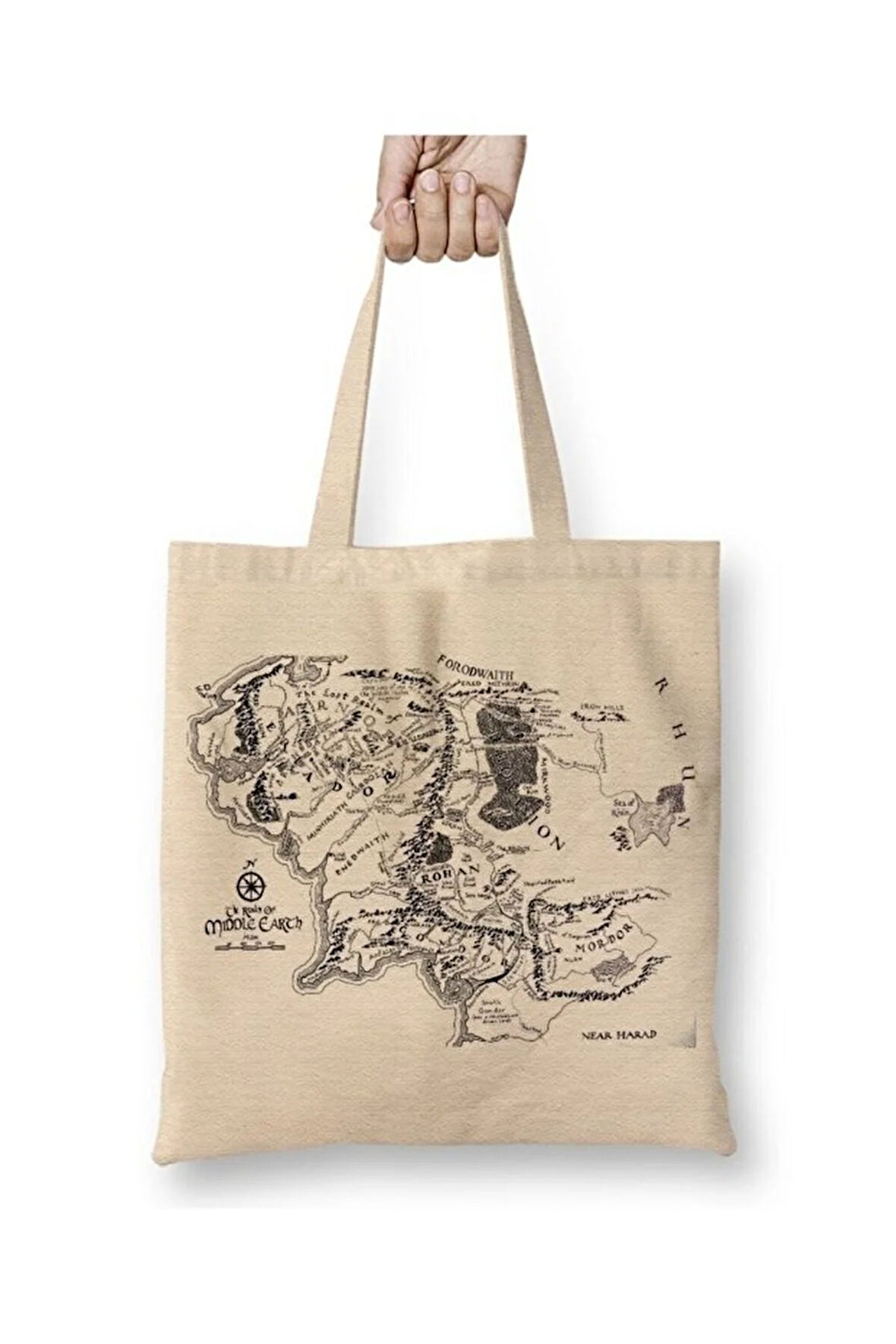 Yüzüklerin Efendisi Lord Of The Rings Orta Dünya Haritası Bez Çanta Uzun Saplı Alışveriş Çantası