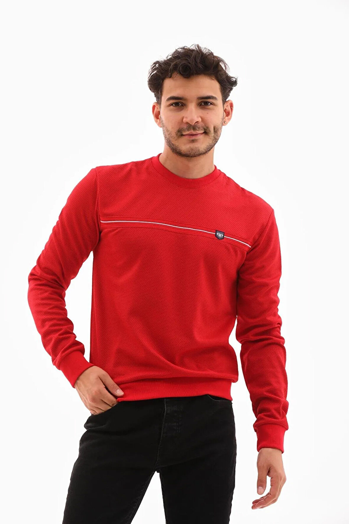 Erkek Kırmızı Mare Jaker Kumaş Bisiklet Yaka Göğüste Şerit Nakışlı Uzun Kollu Sweatshirt - 7657