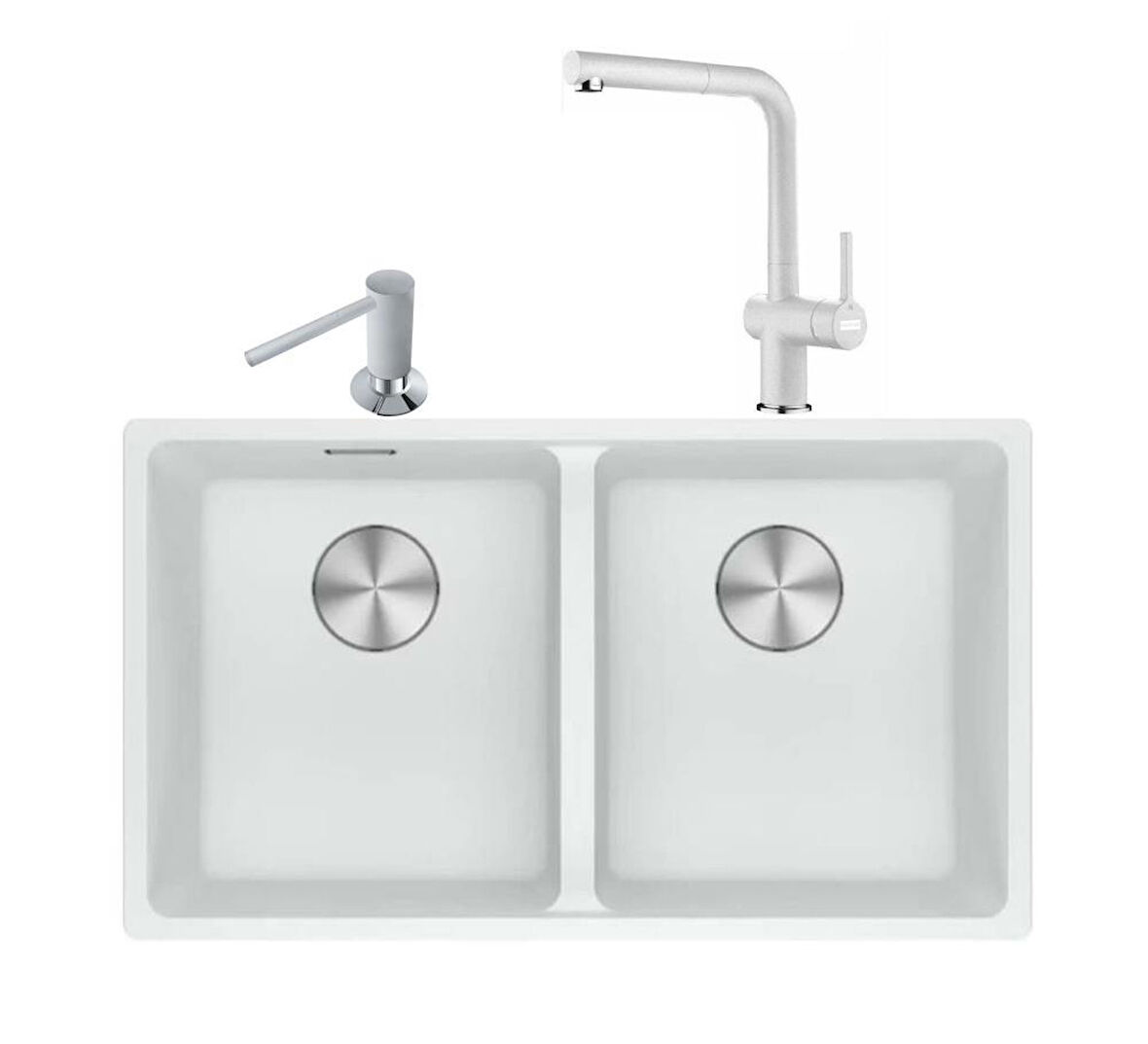 Franke Maris Mrg 120-35-35 Bianco Granit Eviye + Active Plus Doccia 2.0 Armatür + Comfort Sıvı Sabunluk Üçlü Set 