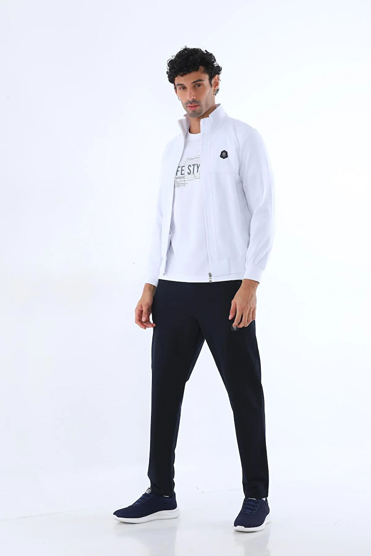 Erkek Iki Iplik Kumaş Slim Fit Dar Paça Beyaz Fermuar Eşofman Takımı - 7664