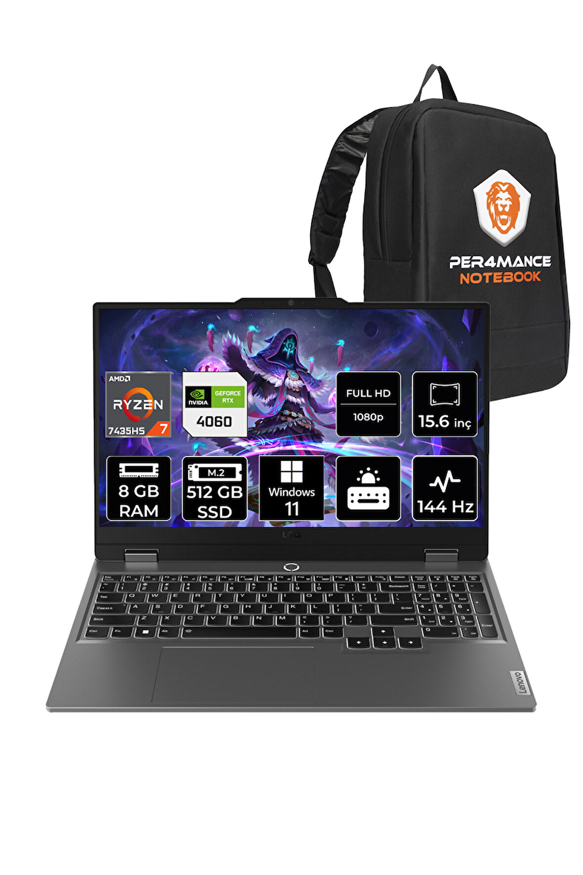 Lenovo LOQ R7 7435HS 8GB 512GB SSD RTX4060/8GB 105W 144Hz FHD 15.6" W11H Gaming Laptop & PER4 ÇANTA