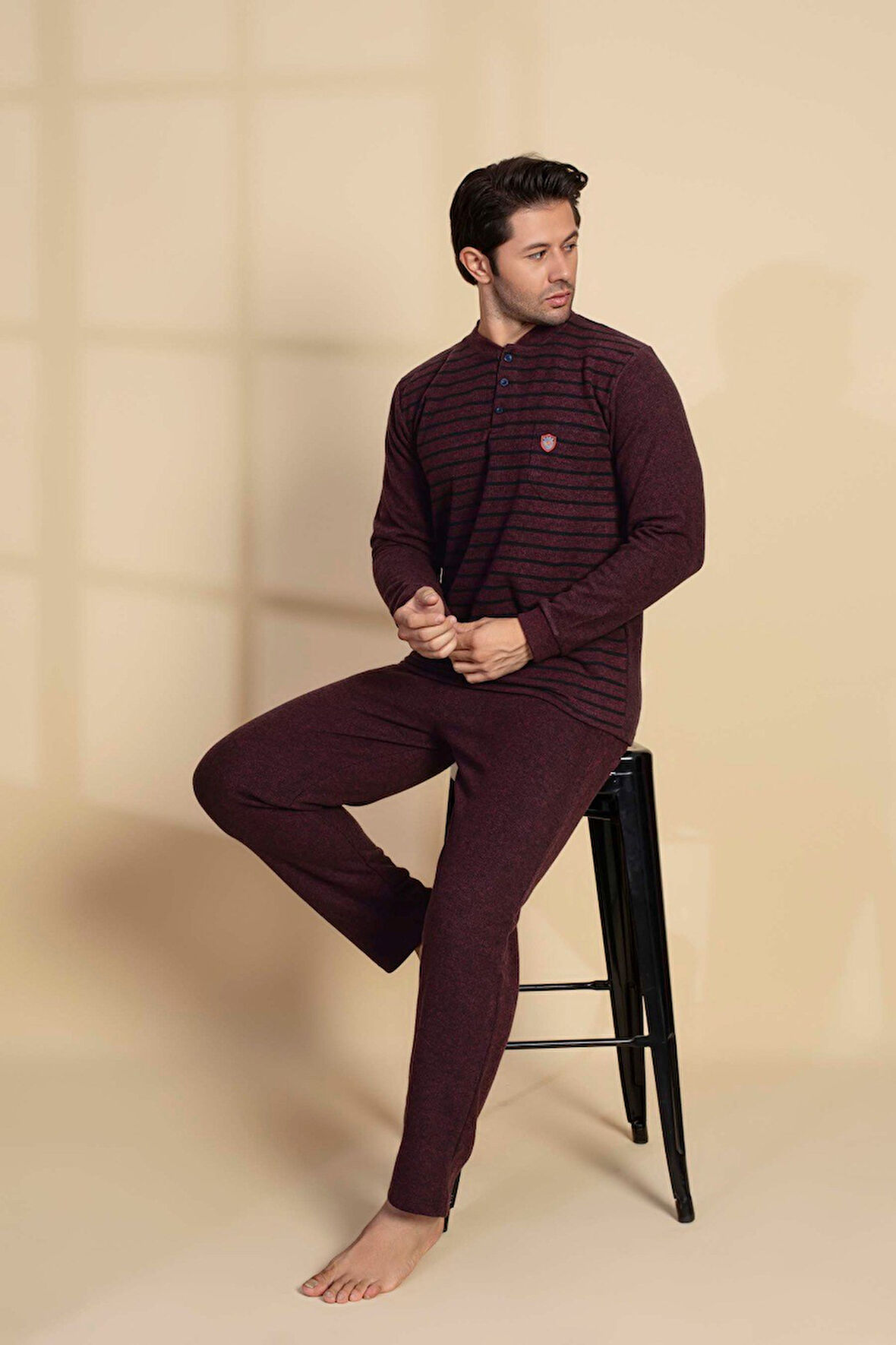 Erkek 3 Düğme Uzun Kol Göğüs Cepli Selanik Kumaş Kışlık Cepli Pijama Takımı 