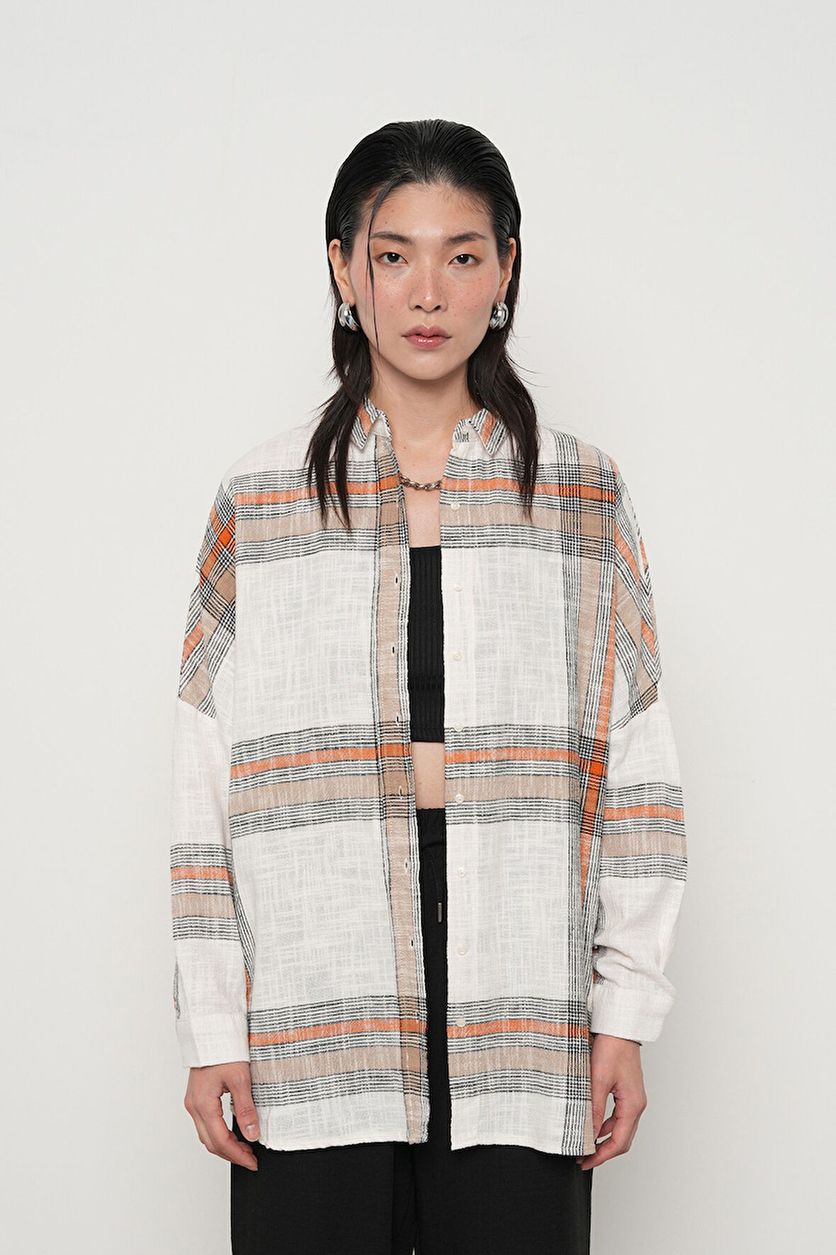 KADIN BÜYÜK EKOSE DESENLİ OVERSİZE GÖMLEK