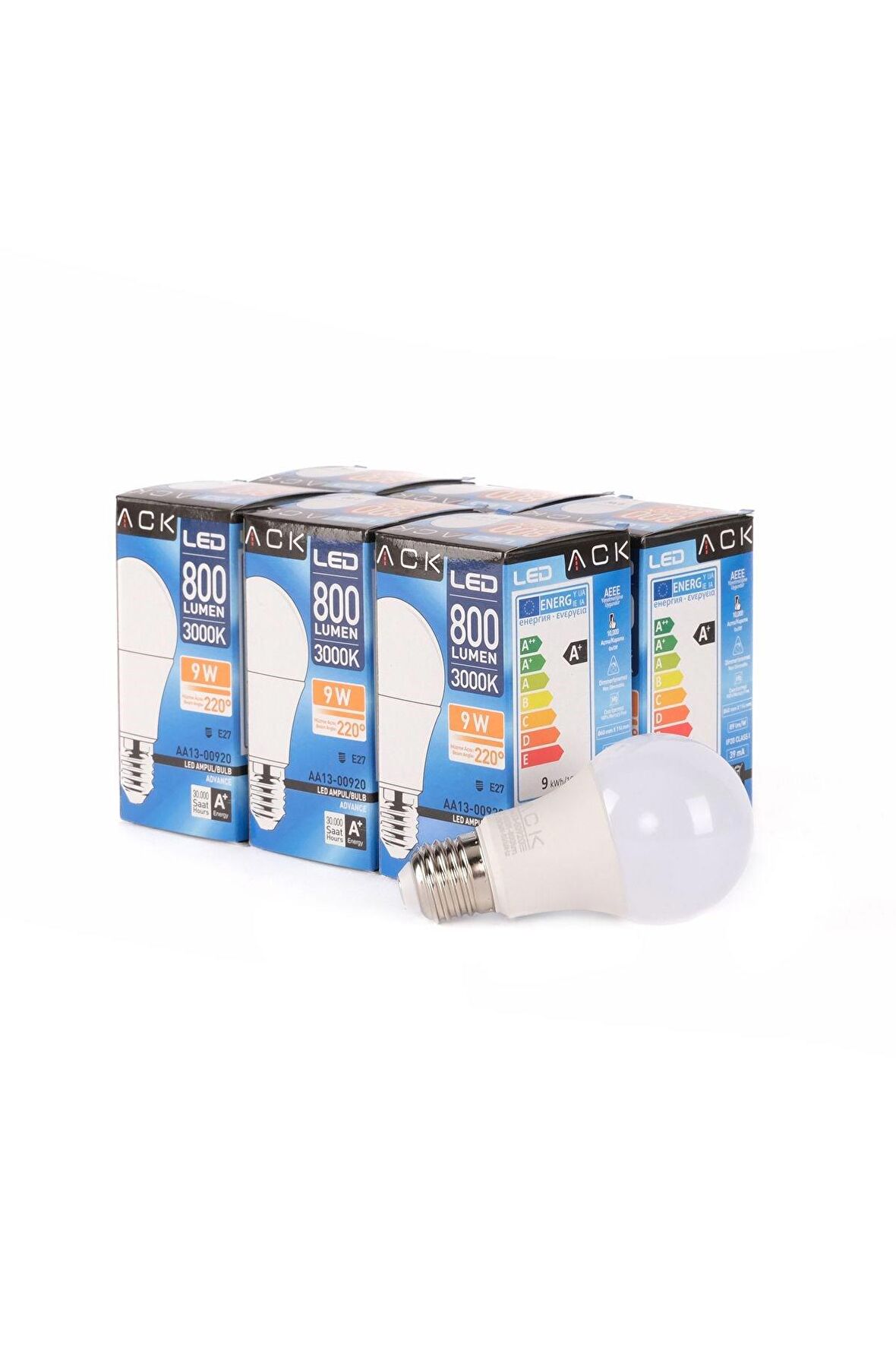 Ack Led Ampul 800 LUMEN 3000 K 9W E27 Gün Işığı x 6 Adet