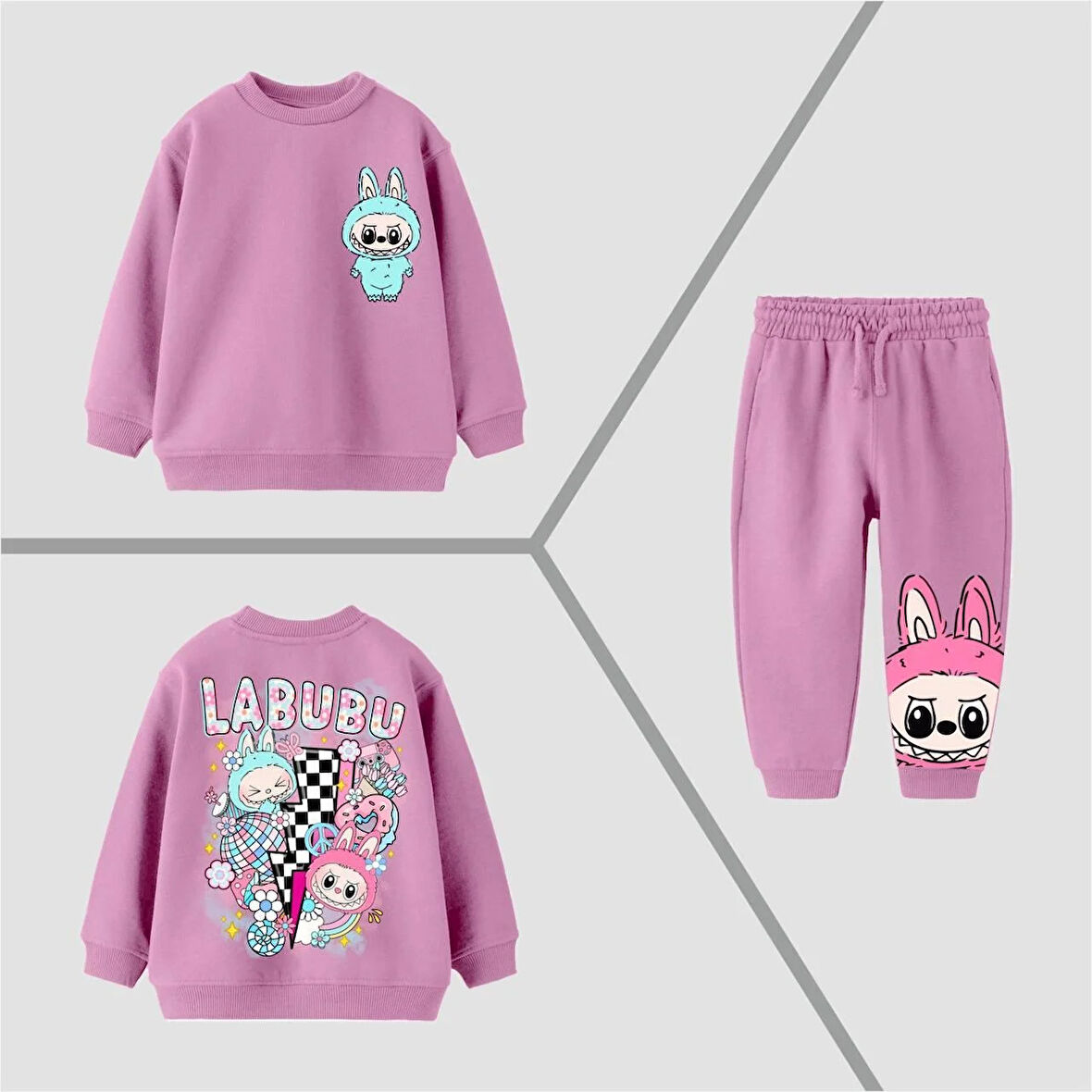 Kız Çocuk Labubu Baskılı 3 İplik Fırçalı Kumaş Alt Üst Eşofman Takımı 