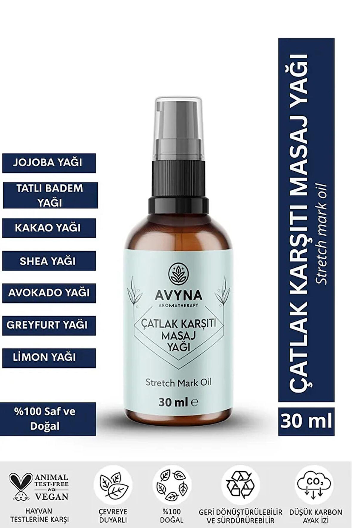Reyo Avyna Çatlak Karşıtı Masaj Yağı 30 ml Cam Şişede %100 Doğal Selülit Karşıtı