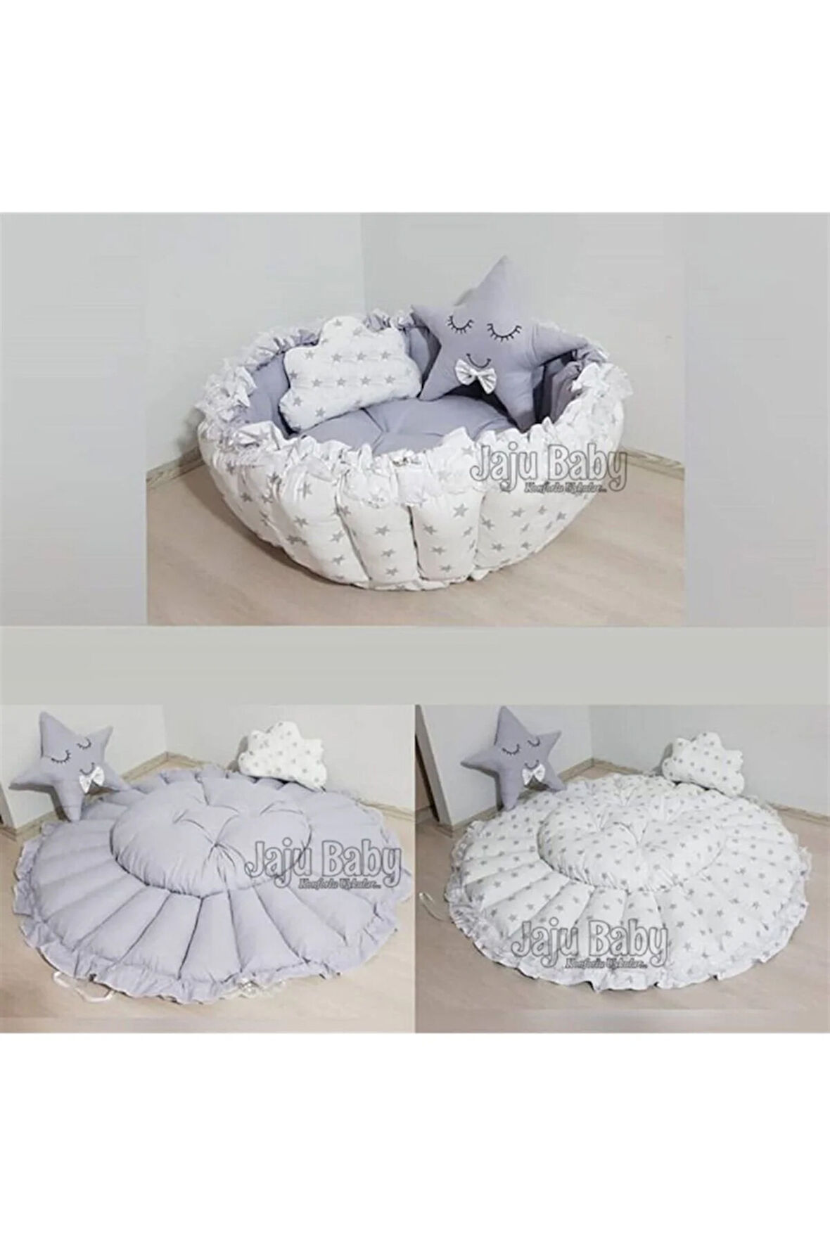 Gri Yıldız Tasarım Açılır Kapanır Oyun Minderi Bebek Yuvası Jaju-babynest Anne Yanı
