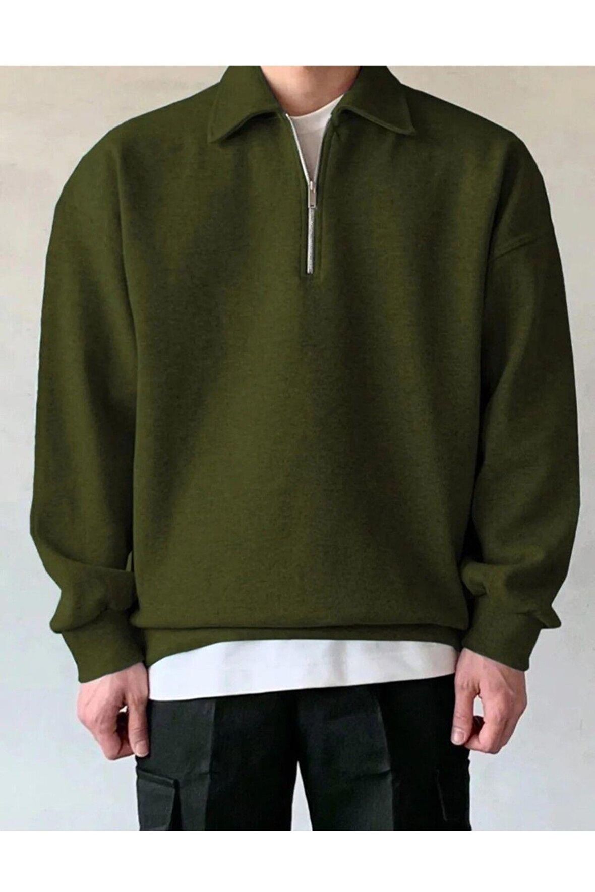 Erkek Polo Yaka Oversize Sweatshirt Yarım Fermuar Sweatshirt 