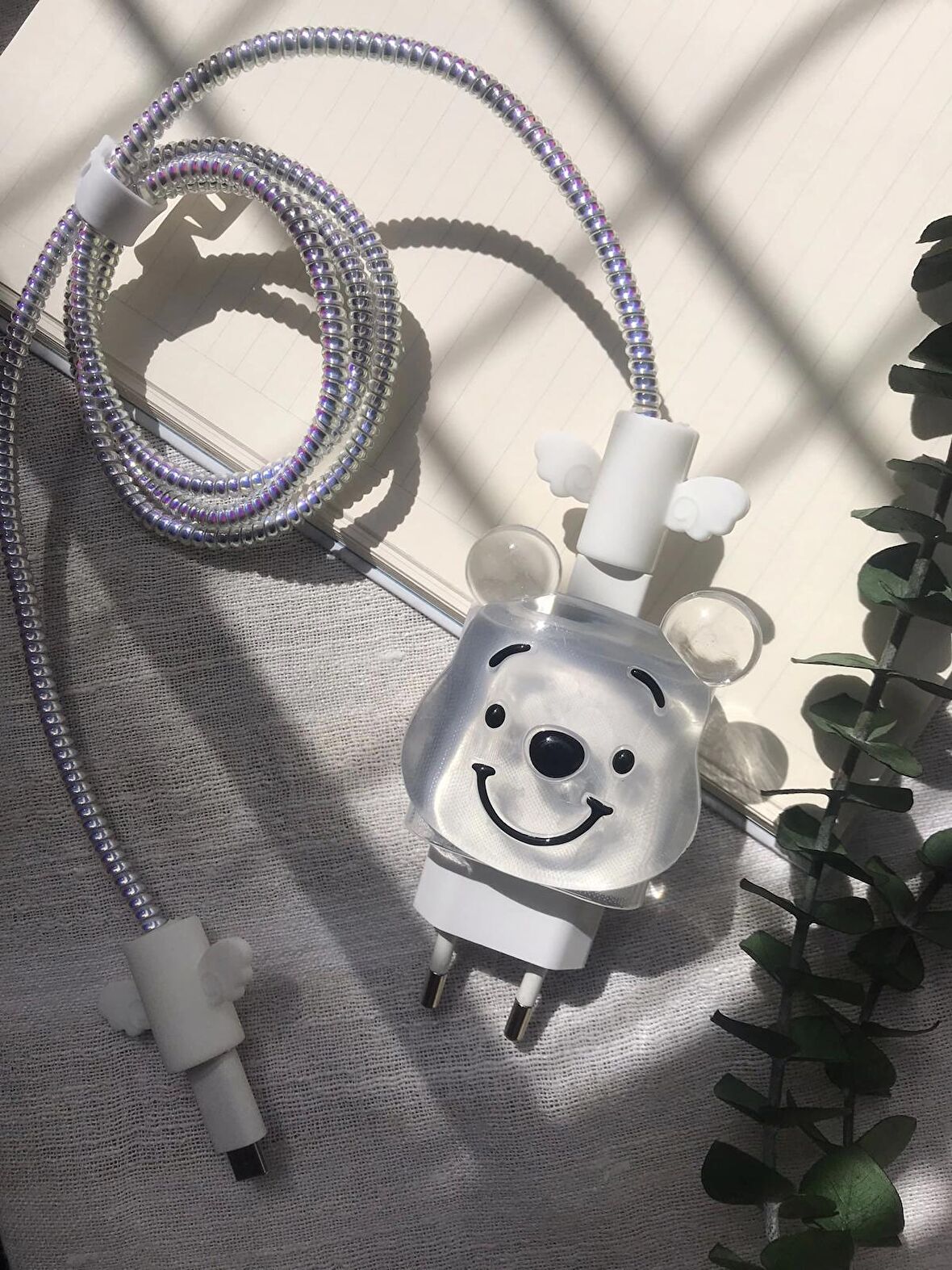 Dayanıklı Figürlü Sevimli Iphone Şarj Başlığı Adaptörü Koruma Kablo Koruyucu 3'lü Süper Koruma Seti - Şeffaf Ayı