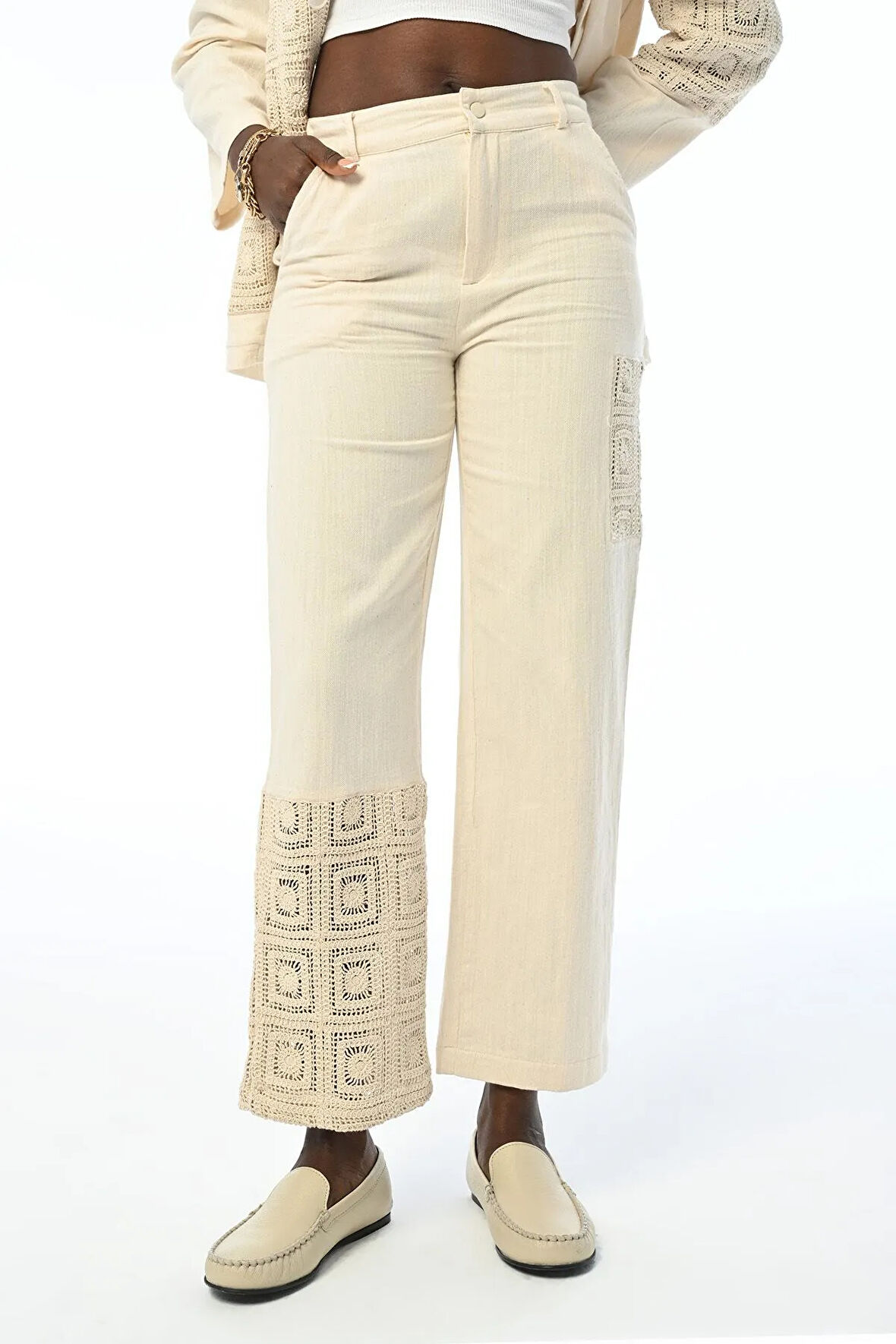 KADIN PAÇASI DANTEL DETAYLI NATUR RENK PAMUK PANTOLON