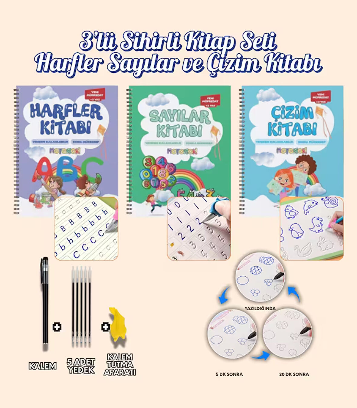 Harfleri | Sayıları ve Çizmeyi Öğreten Oluklu (Kabartmalı) 3’lü Kitap Seti | Sihirli Yazı Defterleri