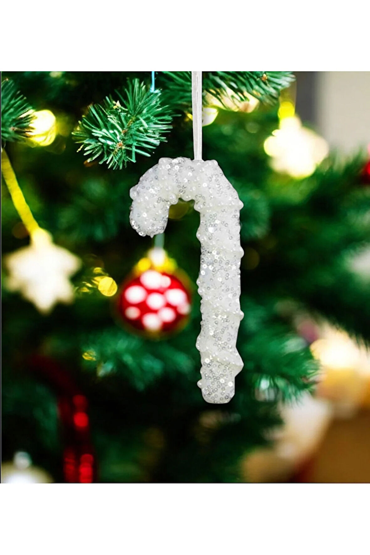 Yılbaşı Süsü İncili Simli Baston Beyaz 15 cm