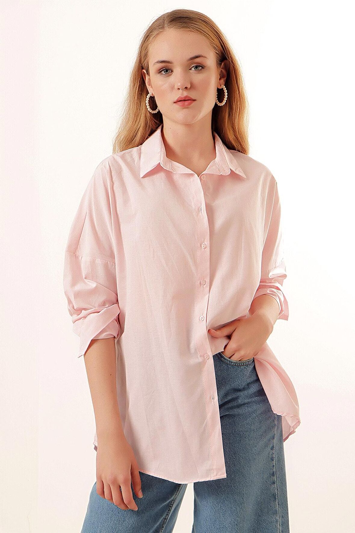 Kadın Pudra  Oversize Uzun Basic Gömlek HZL22W-BD139001