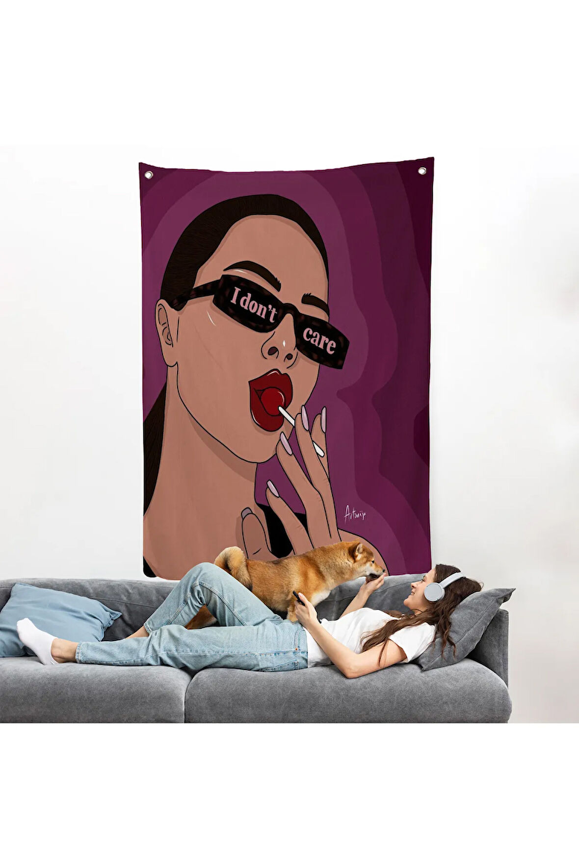 I Don't Care - Umrumda Değil Yazan Pop Art Kadın Duvar Örtüsü-7681