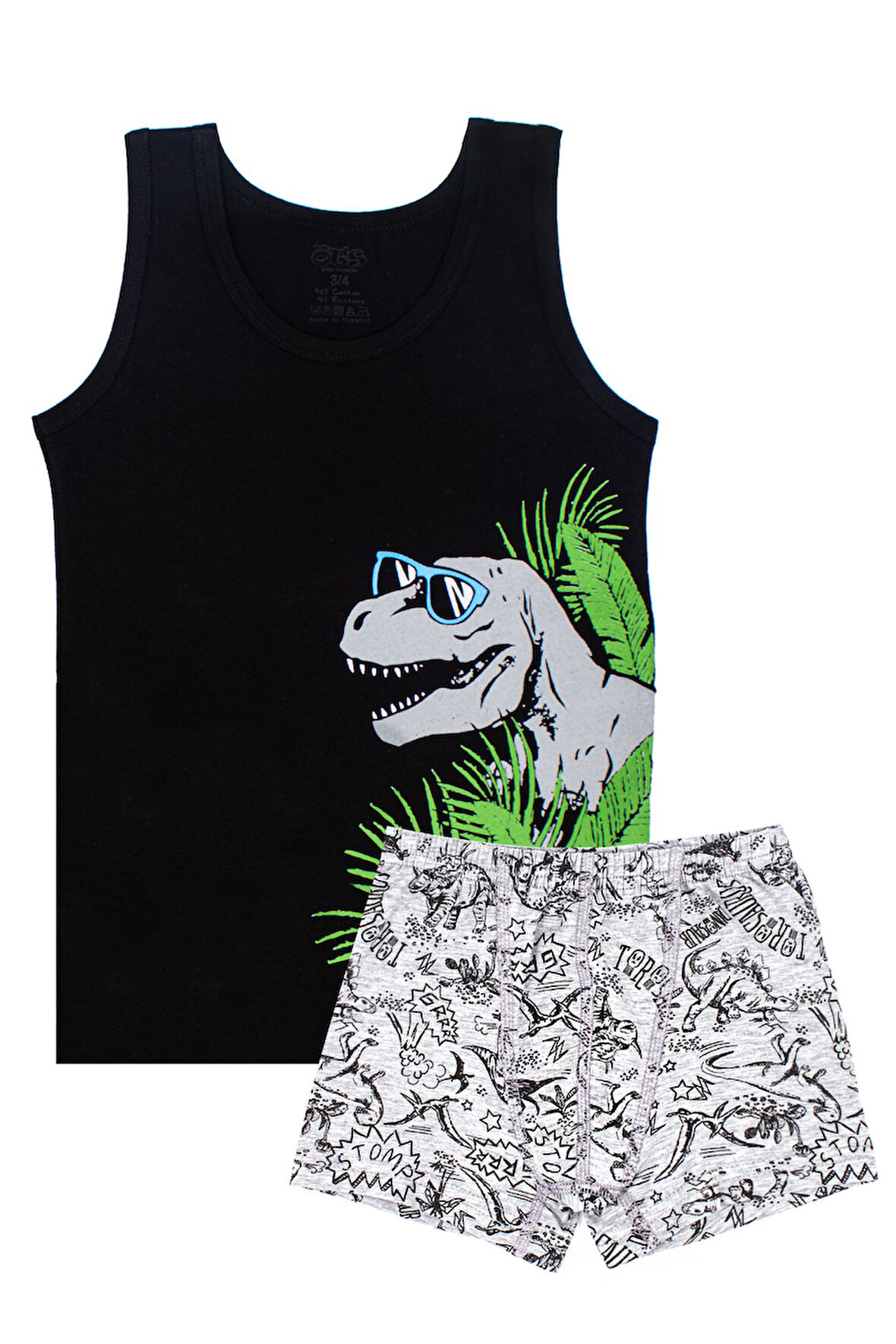 Öts Erkek Çocuk Atlet Boxer Likralı Siyah Dinozor (%96 Pamuk - %4 Elastan)