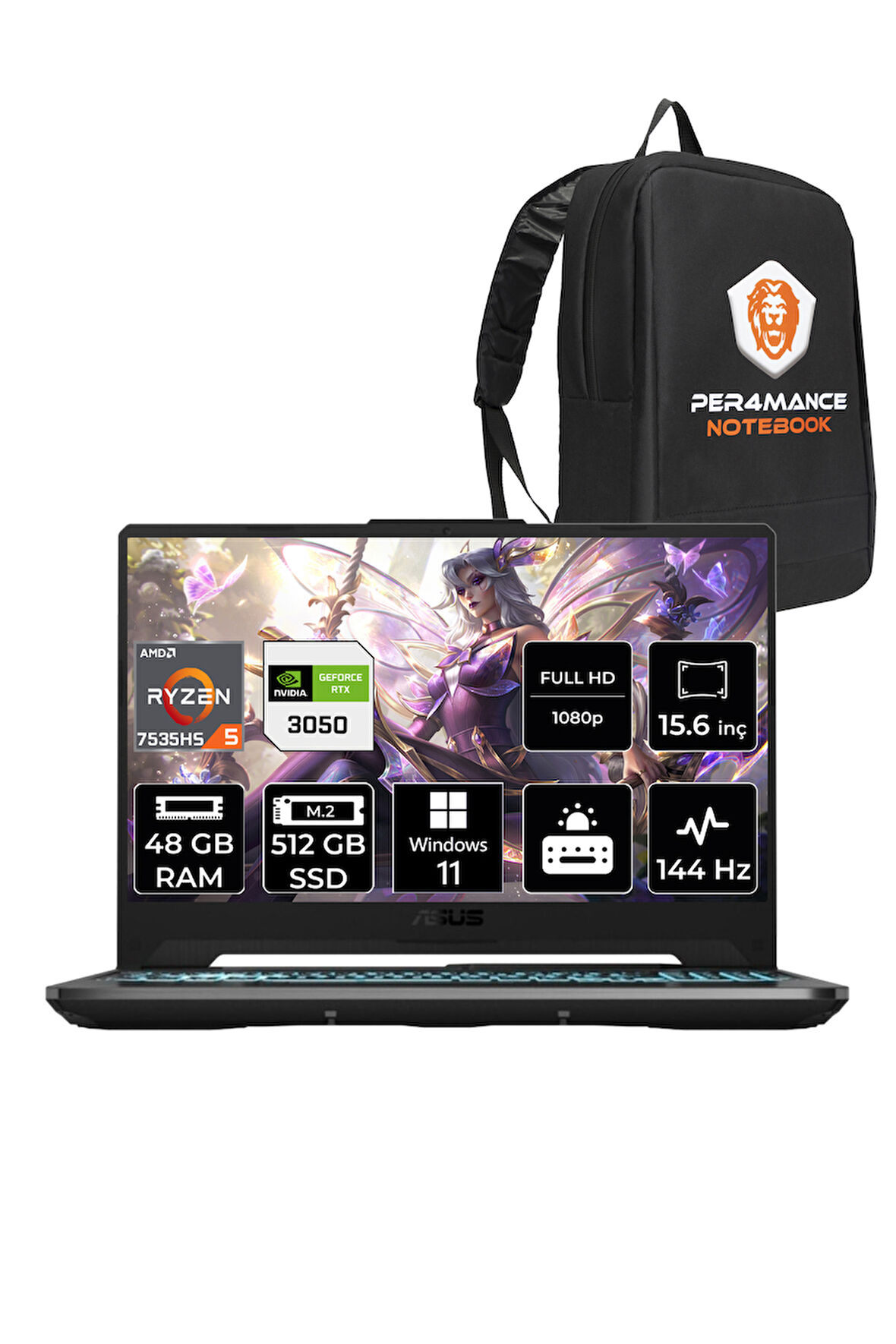ASUS TUF Gaming A15 R5 7535HS 48GB 512GB SSD RTX3050/4GB 144Hz 15.6" FHD W11H HN006 & PER4 ÇANTA