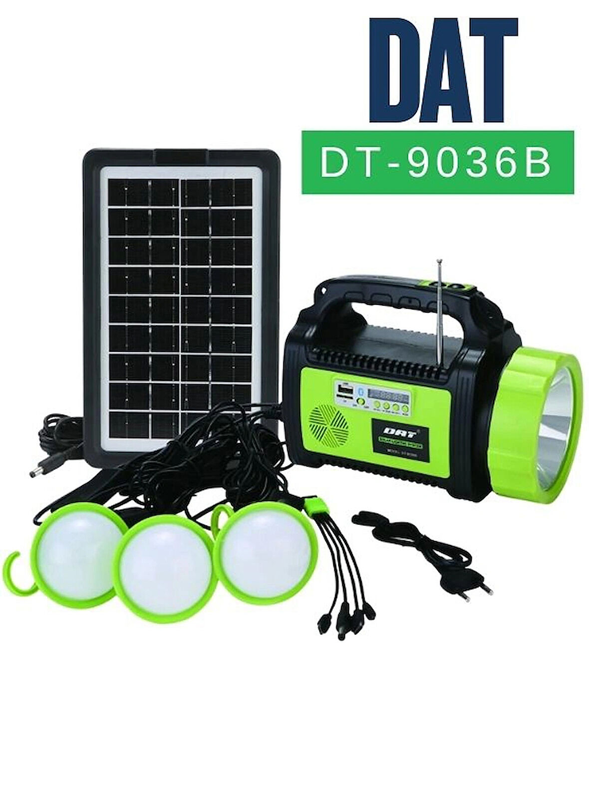 DT-9036 Solar Enerjili Işıldak El Feneri | Mp3 - Radyo - Bluetooth Destekli | Güneş Paneli Dahil