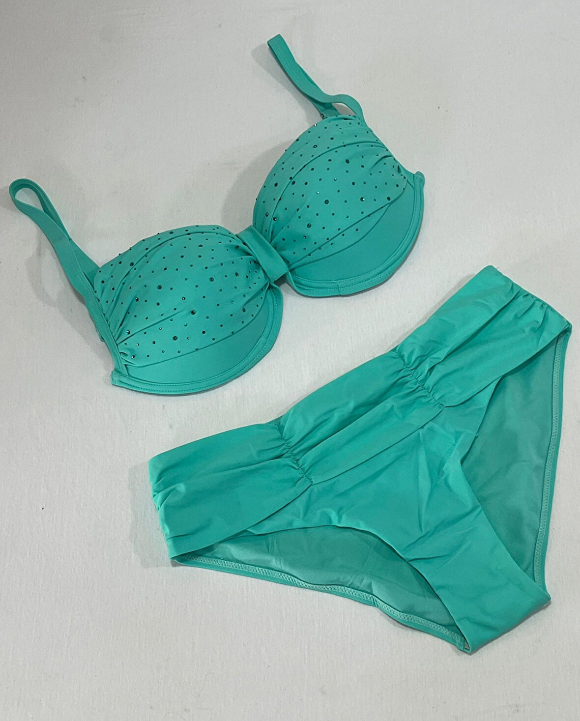 Kadın Turkuaz Taş İşlemeli Astarlı Büyük Beden Bikini Takımı HZL25S-LC01