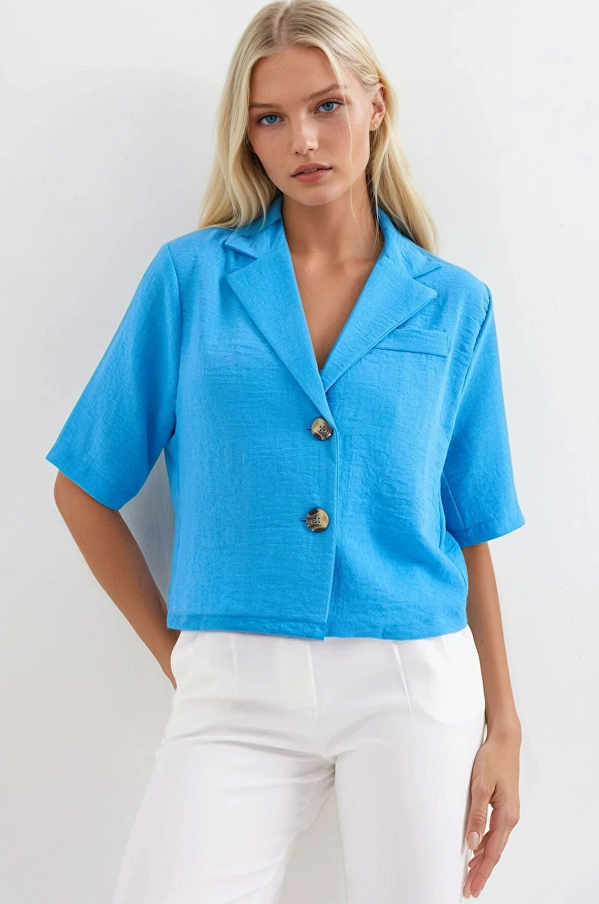 Kadın Yeni Mavi Kısa Kollu Şal Yaka Düğmeli Mevsimlik Keten Ayrobin Ceket HZL24S-BD107061