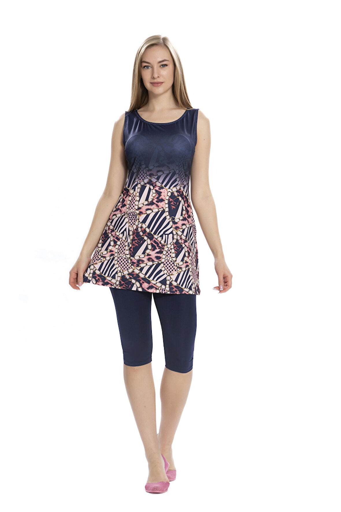 Kadın Lacivert Pembe Zincir Desen Kolsuz Yarı Kapalı Taytlı Mayo HZL25S-AR160/02