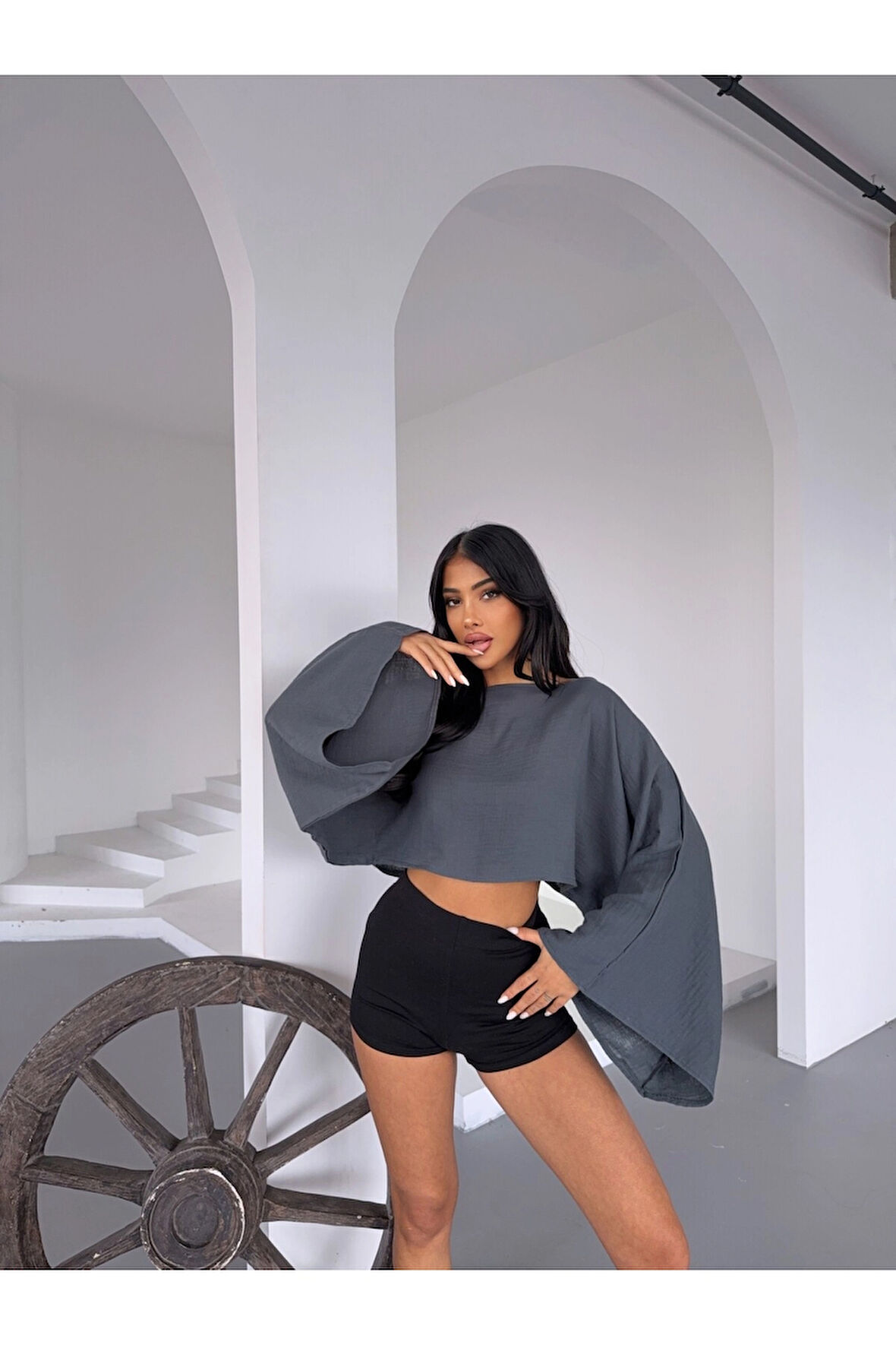 Kadın Antrasit Panço Model Müslin Bluz HZL25S-DSB16161