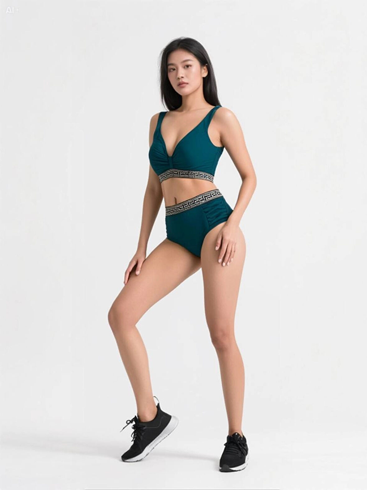 Kadın Yeşil Yüksek Bel Yanları Şerit Detaylı Desenli Lastikli Destekli Bikini Takımı HZL25S-LC201