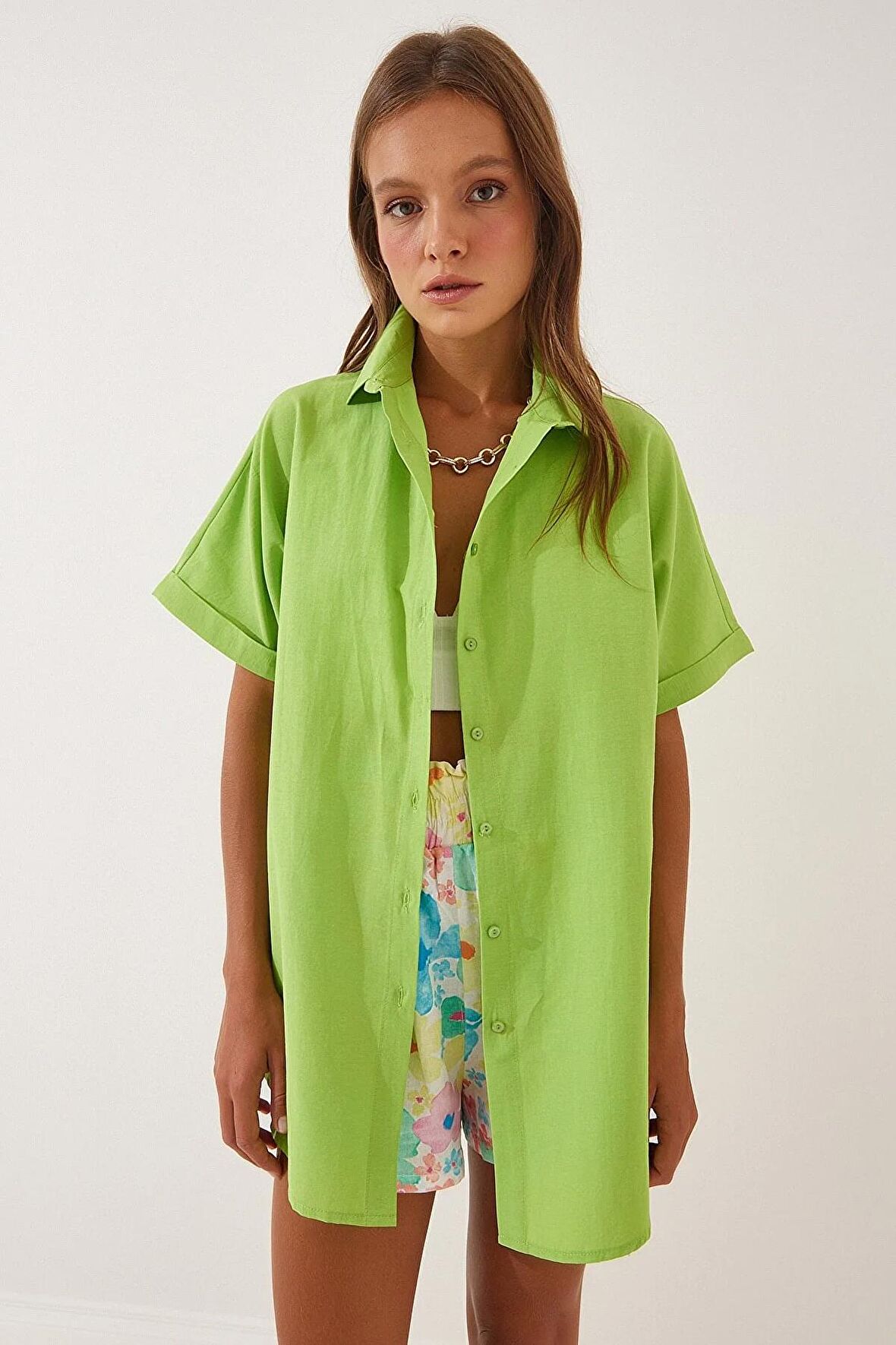 Kadın Fıstık Yeşili Oversize Uzun Kısa Kollu Basic Poplin Gömlek HZL22S-BD1201201
