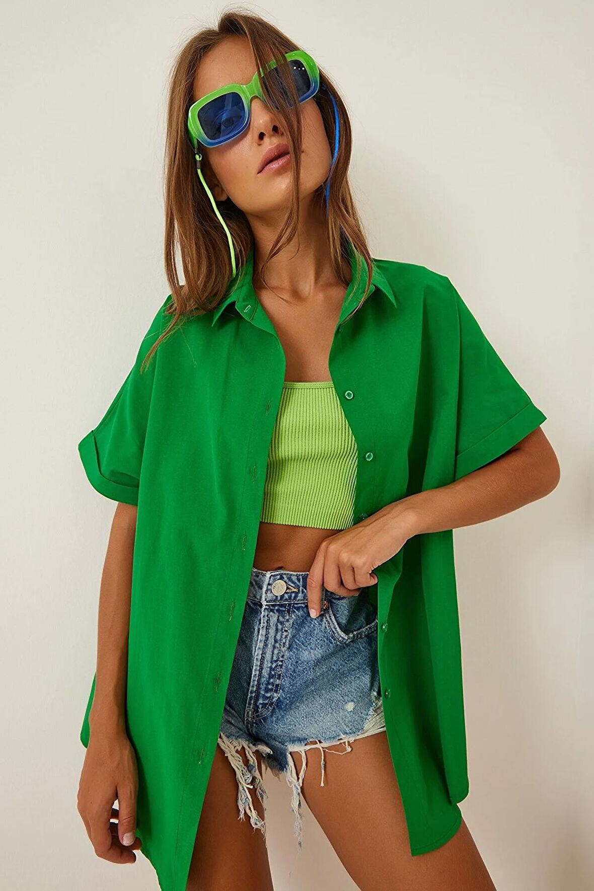 Kadın Koyu Yeşil Oversize Uzun Kısa Kollu Basic Poplin Gömlek HZL22S-BD1201201