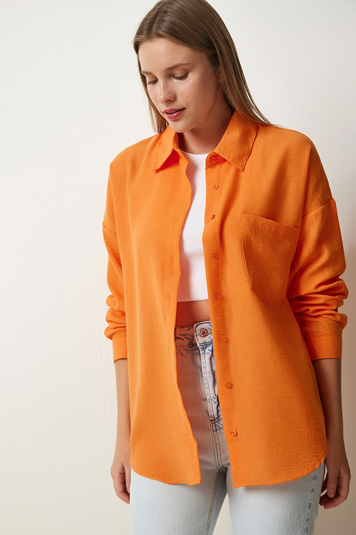 Kadın Oranj Tek Cepli Oversize Keten Ayrobin Gömlek HZL24S-BD1201531