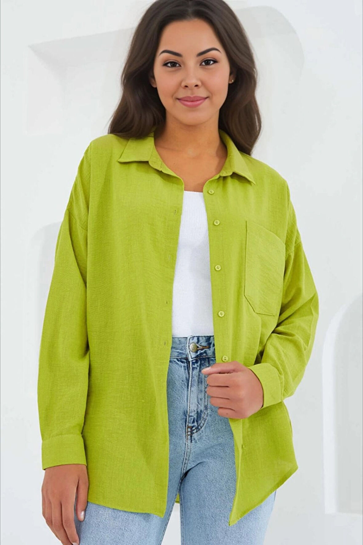Kadın Fıstık Yeşil Tek Cepli Oversize Keten Ayrobin Gömlek HZL24S-BD1201531