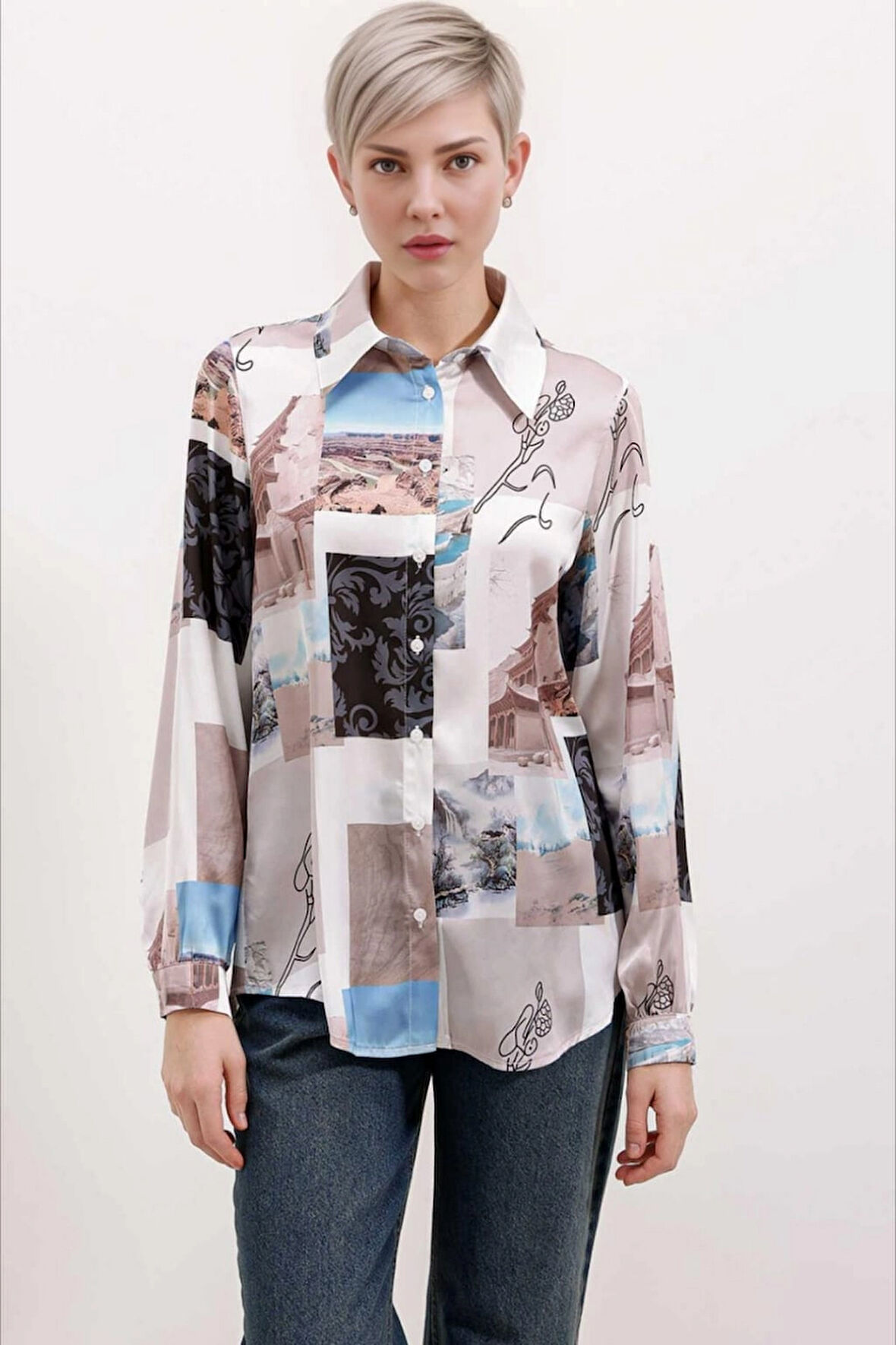 Kadın Açık Bej Desenli Hafif Dökümlü Saten Yüzeyli Gömlek HZL24S-BD1202441