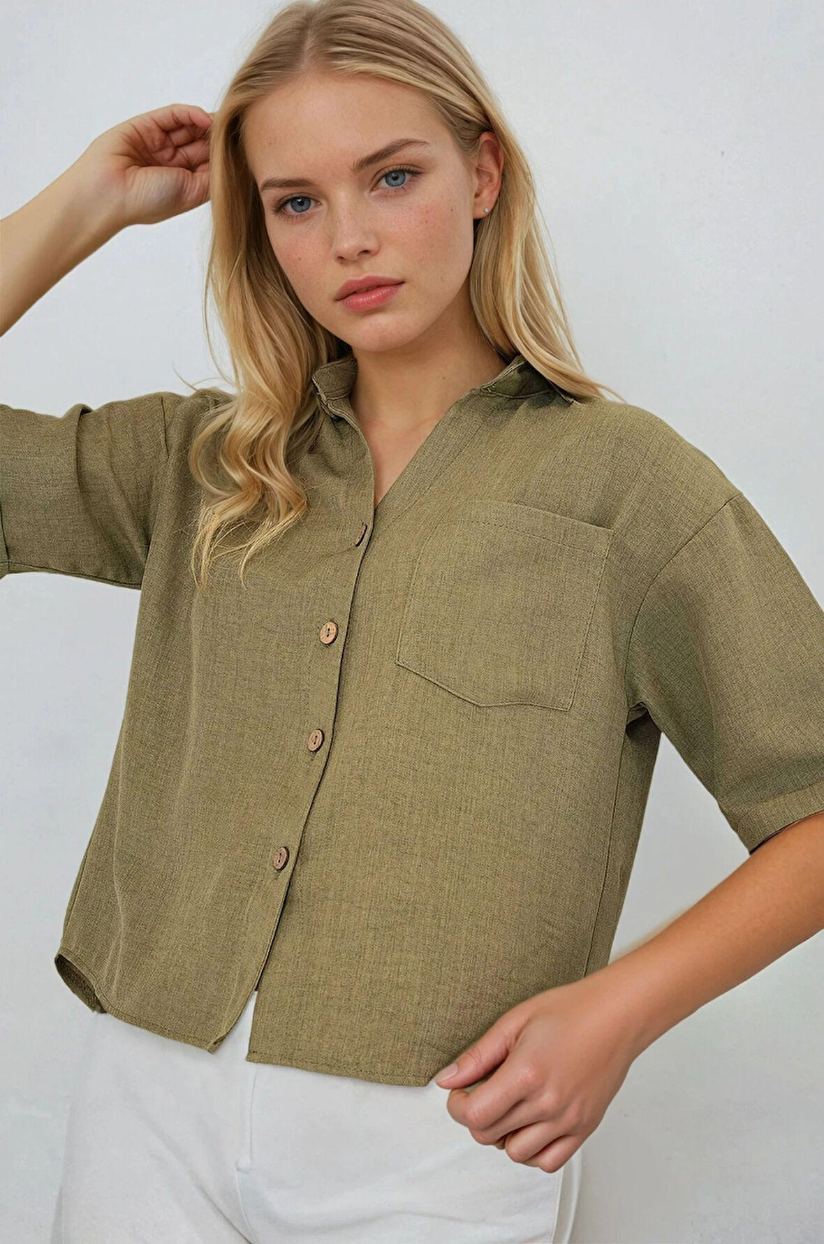 Kadın Haki Keten Görünümlü Crop Gömlek HZL25S-BD1203391