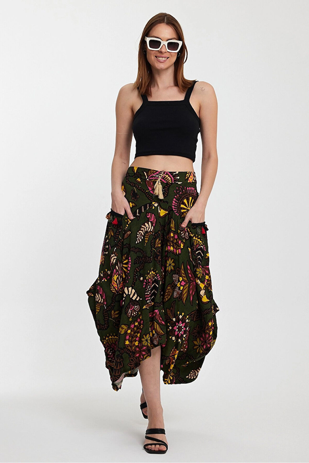 Kadın Haki Otantik Desenli Cepli Şalvar Model Viskon Etek HZL25S-VM120391