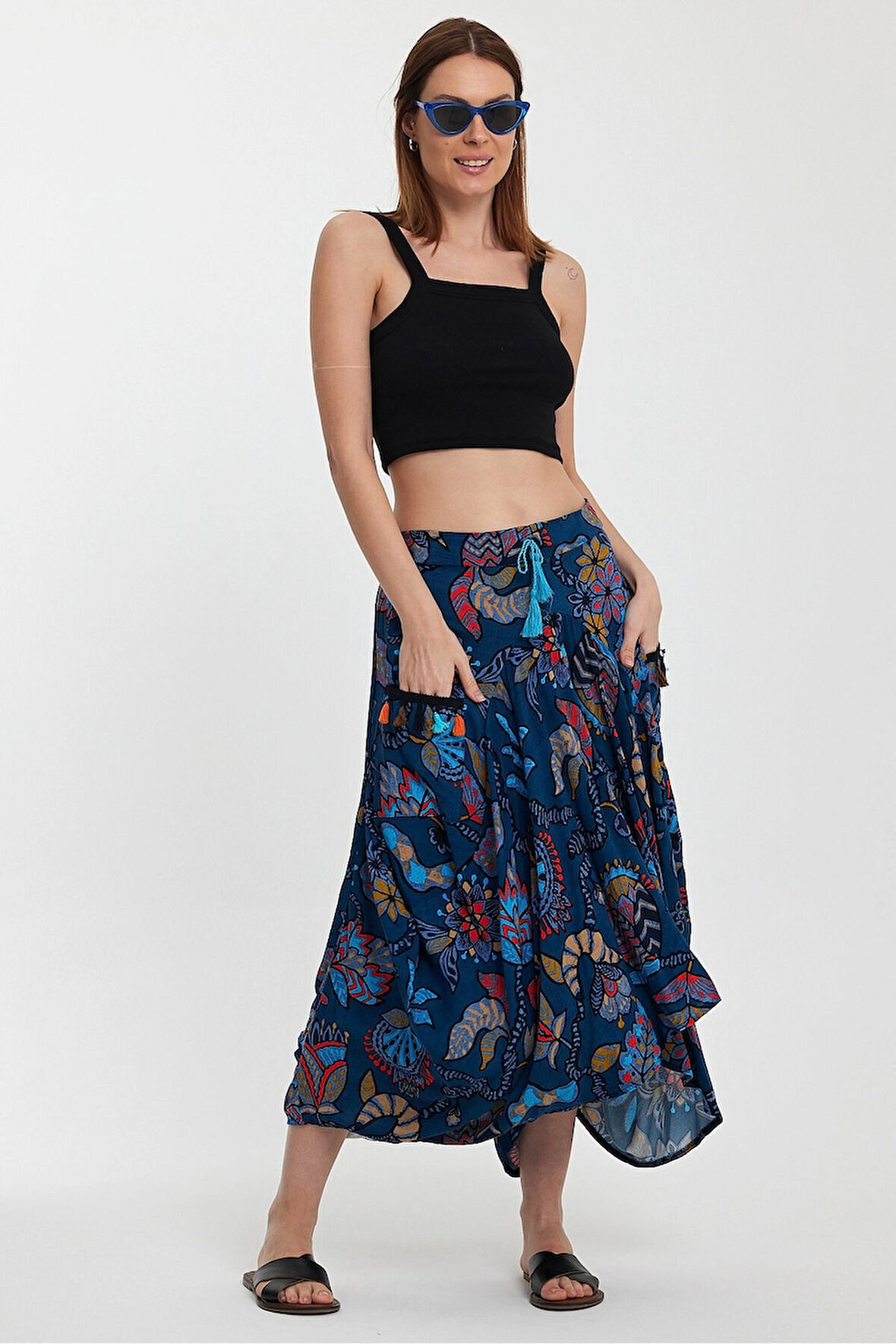 Kadın Mavi Otantik Desenli Cepli Şalvar Model Viskon Etek HZL25S-VM120391