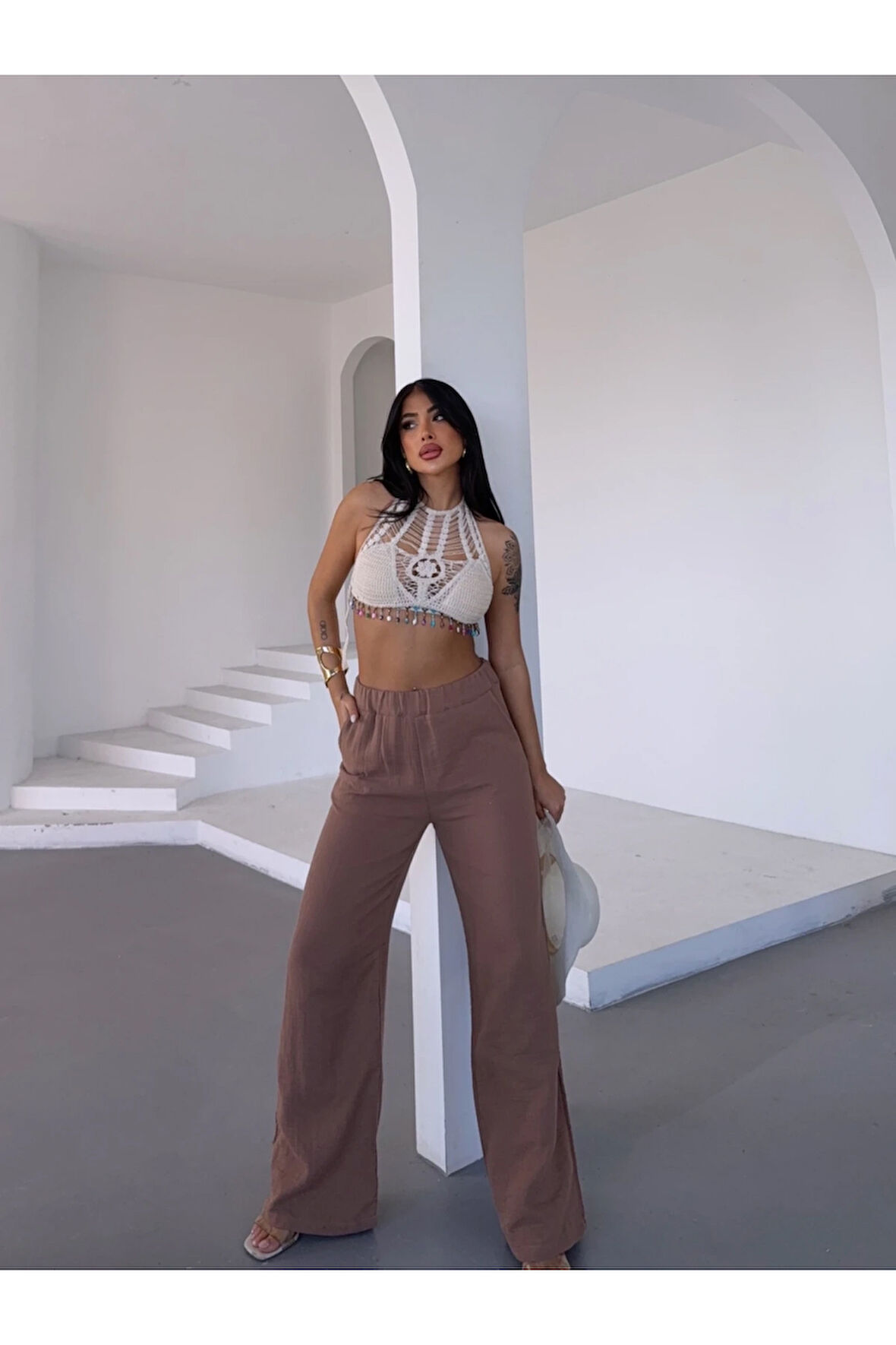 Kadın Camel Beli Lastikli Müslin Kumaş Bol Paça Pantolon HZL25S-DSB12221